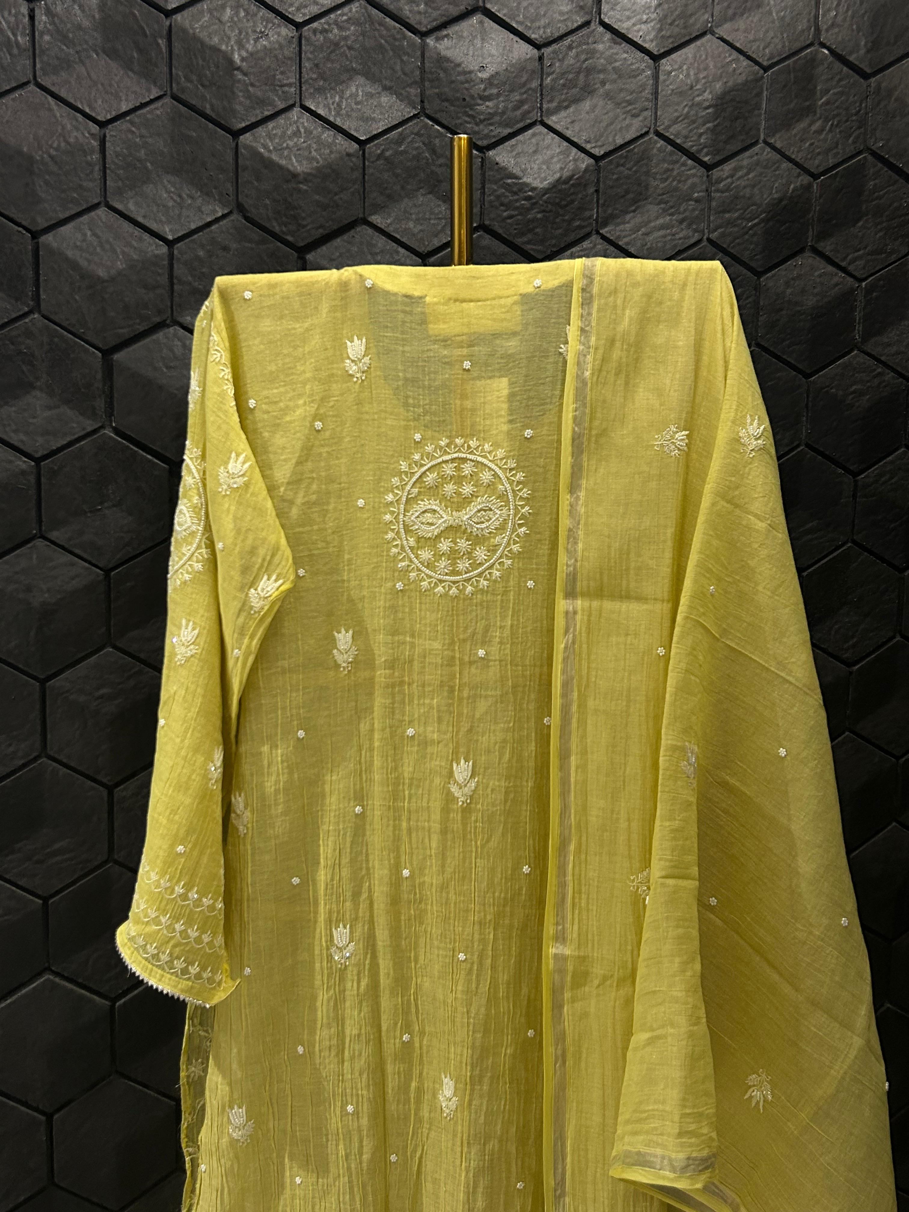 Lime Green Silver Tissue Chikankari Kurta Set