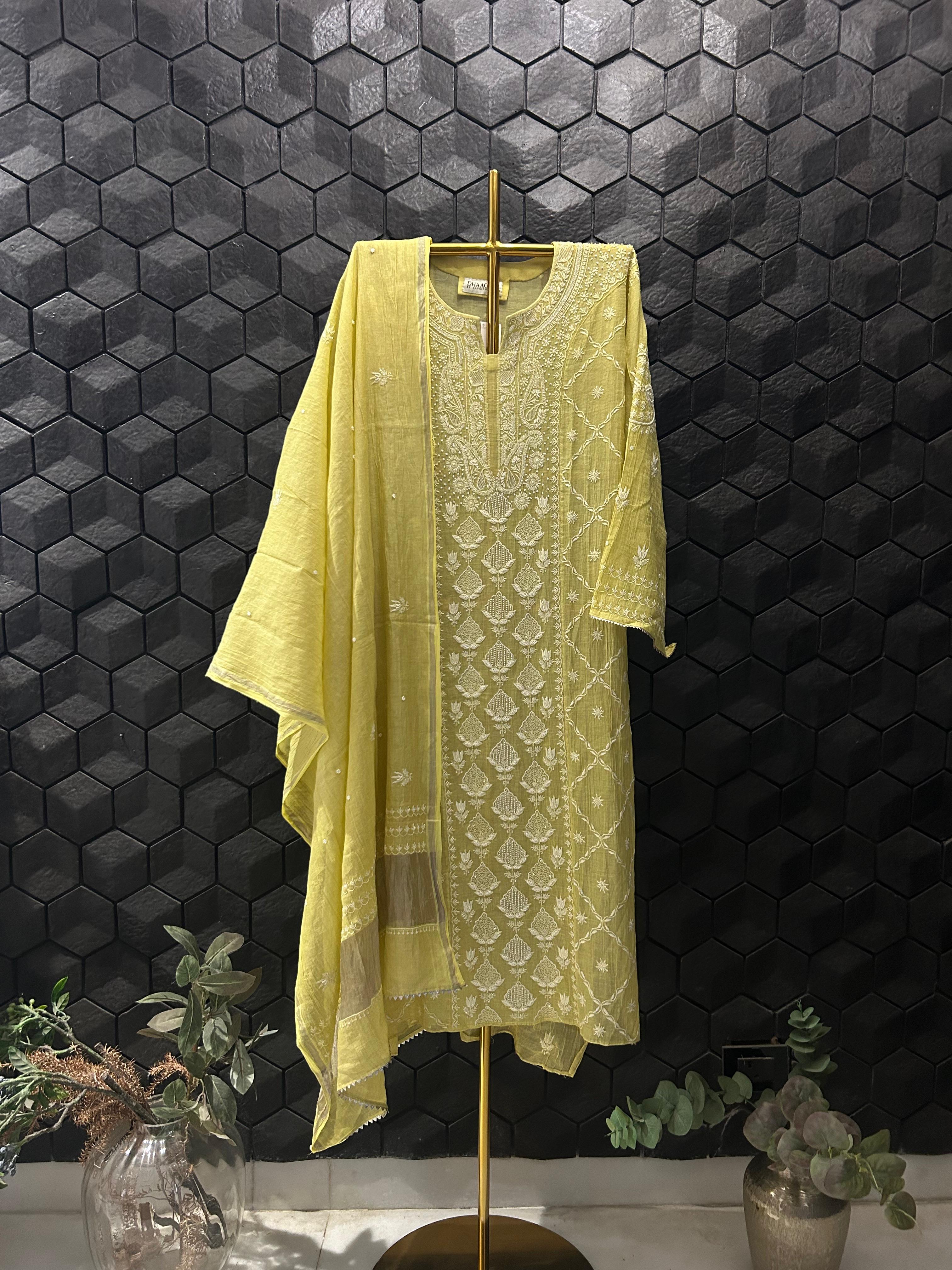 Lime Green Silver Tissue Chikankari Kurta Set