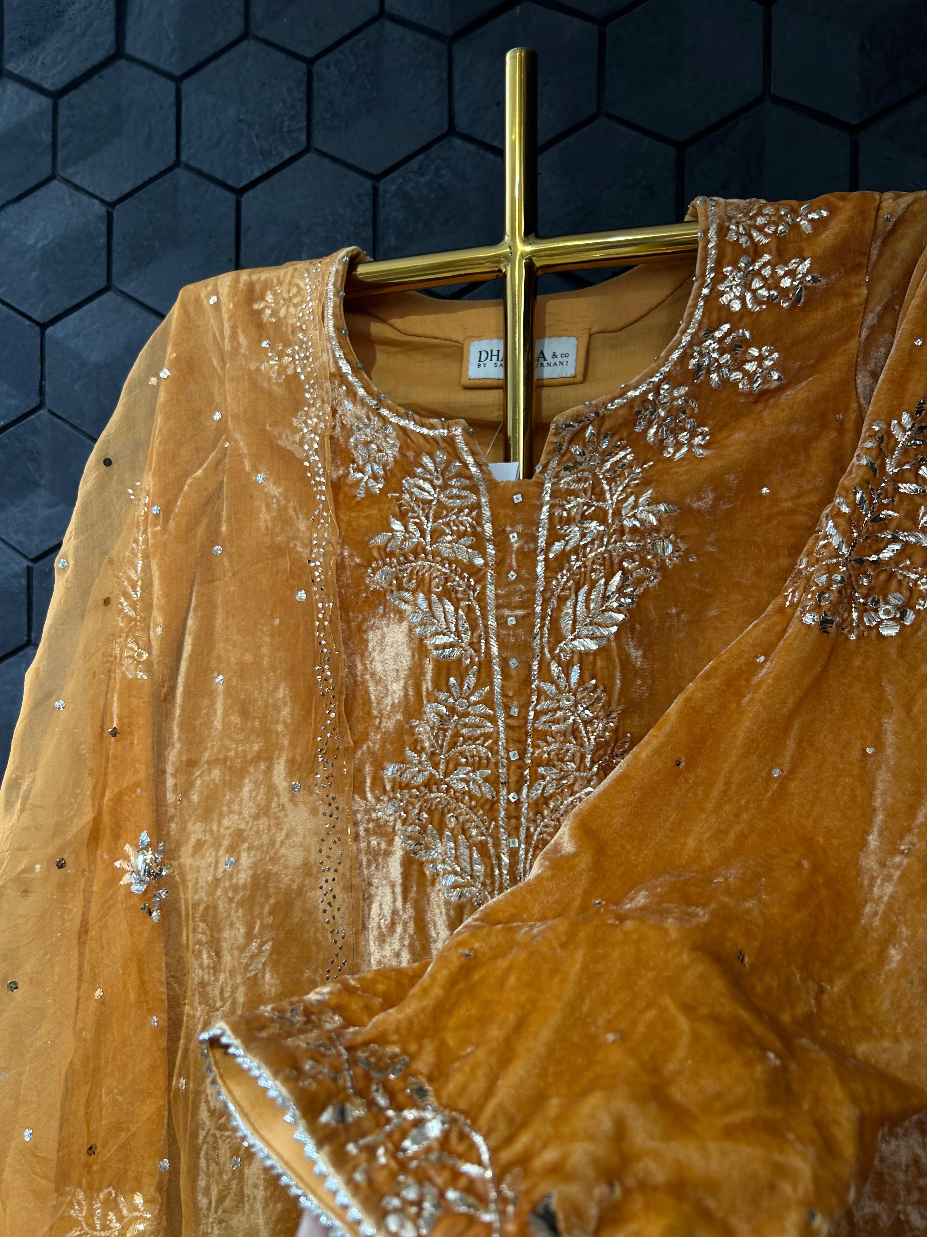 Mustard Velvet Mukaish Suit Set