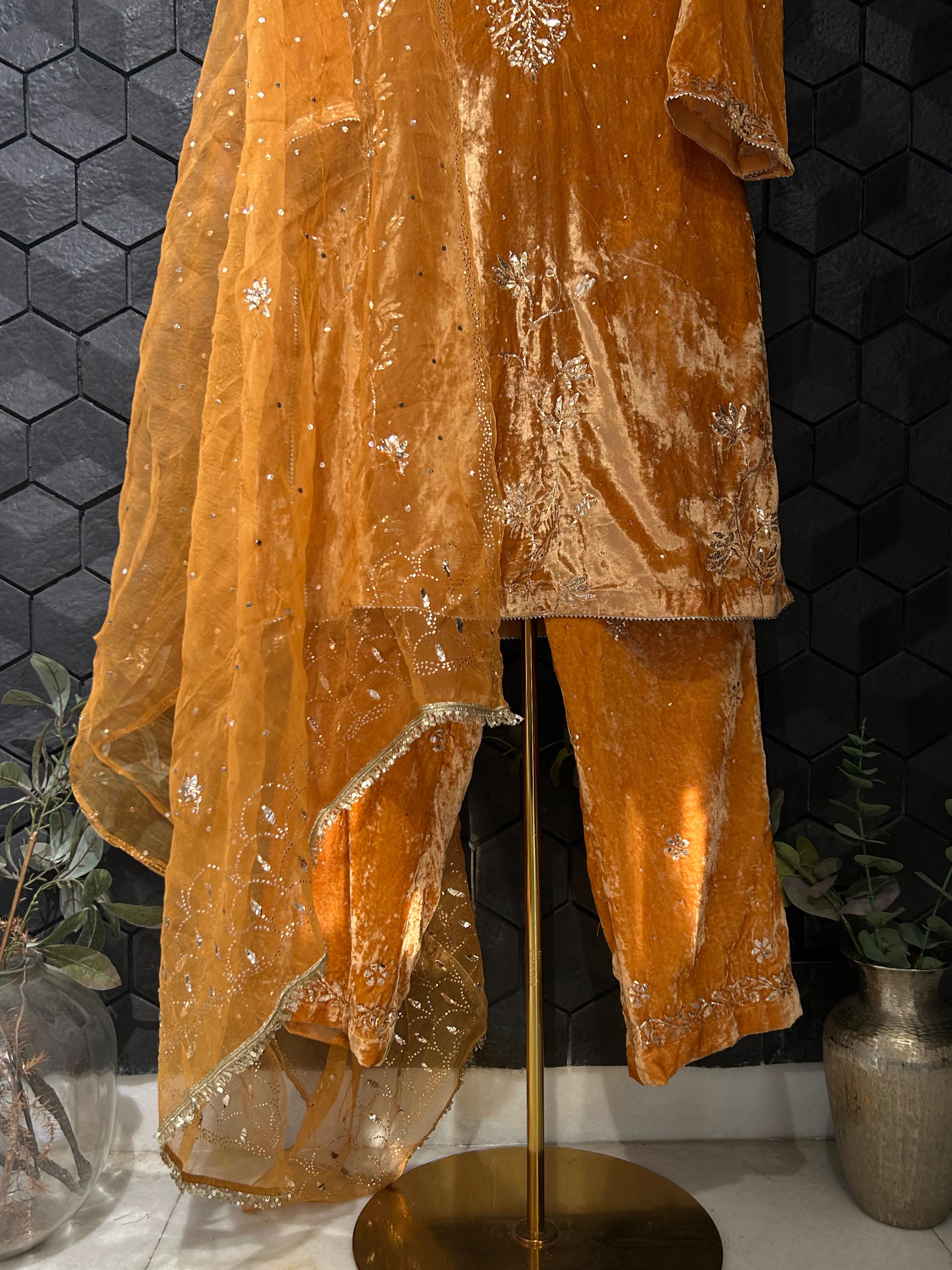 Mustard Velvet Mukaish Suit Set