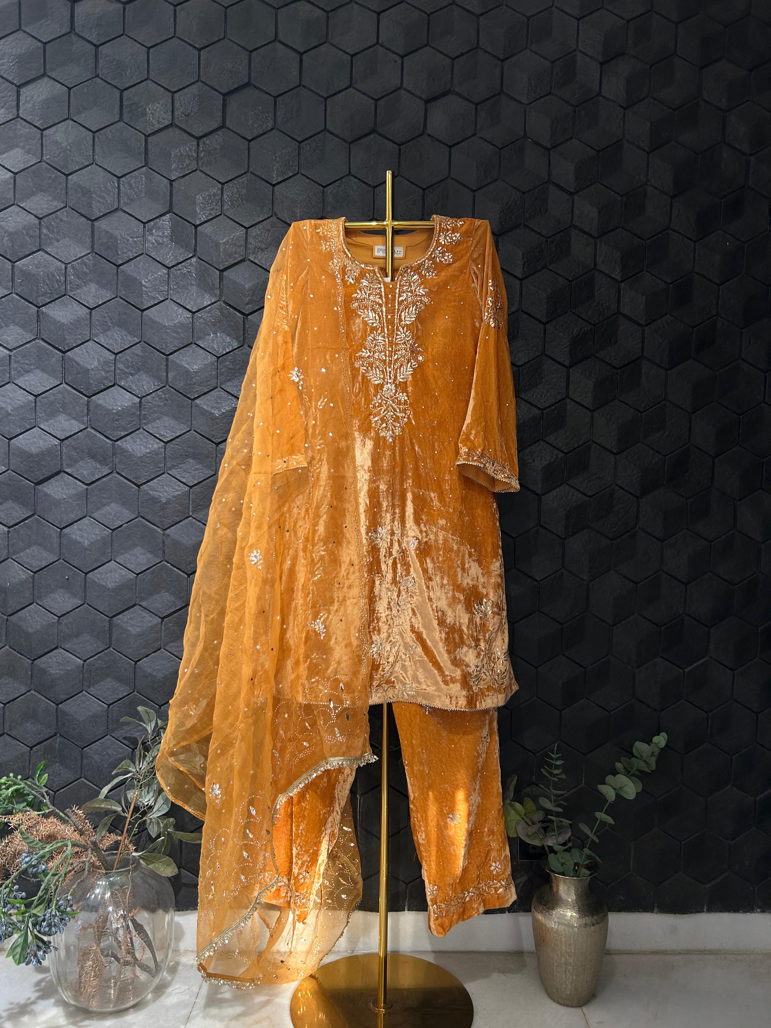 Mustard Velvet Mukaish Suit Set