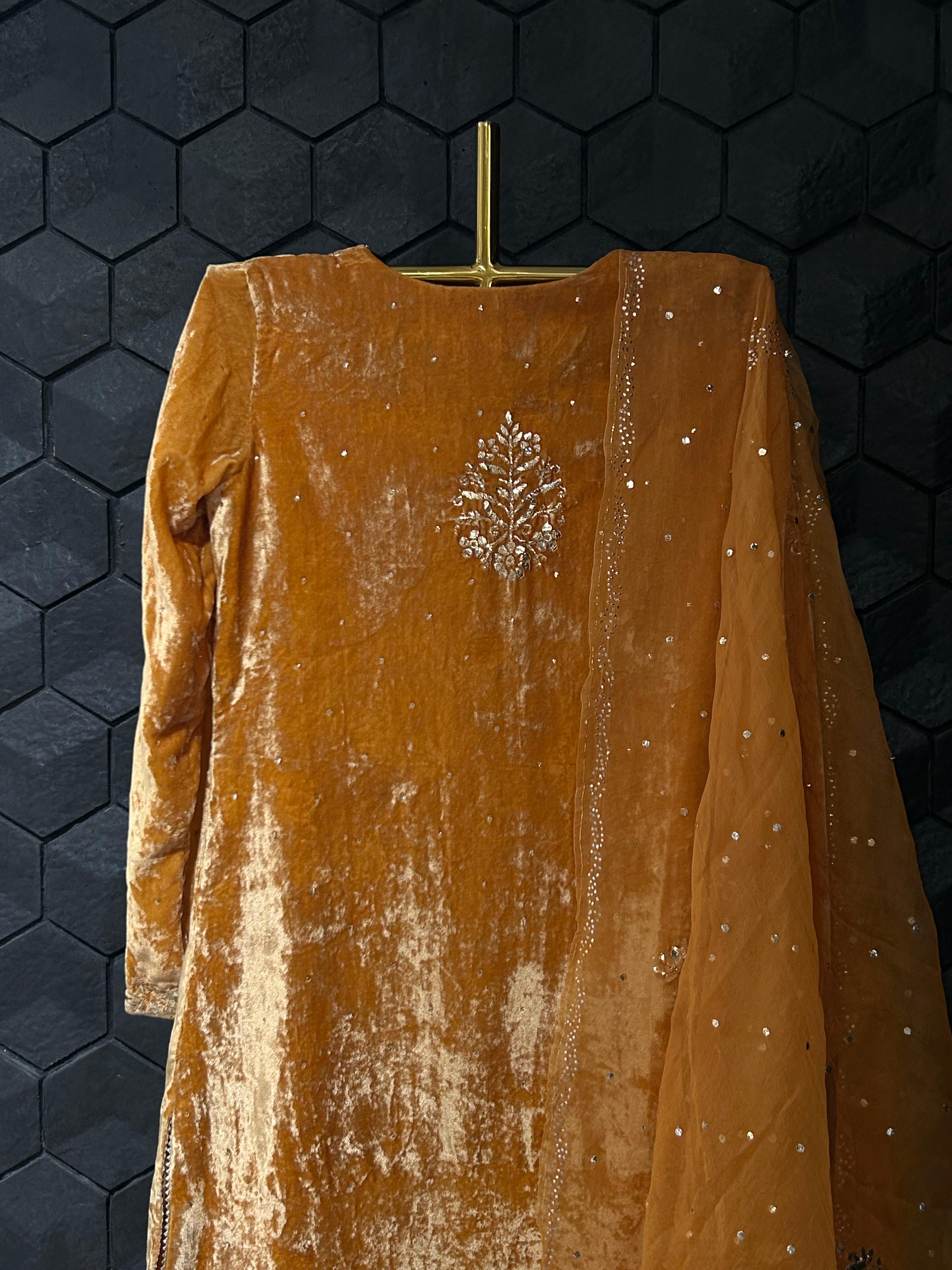 Mustard Velvet Mukaish Suit Set