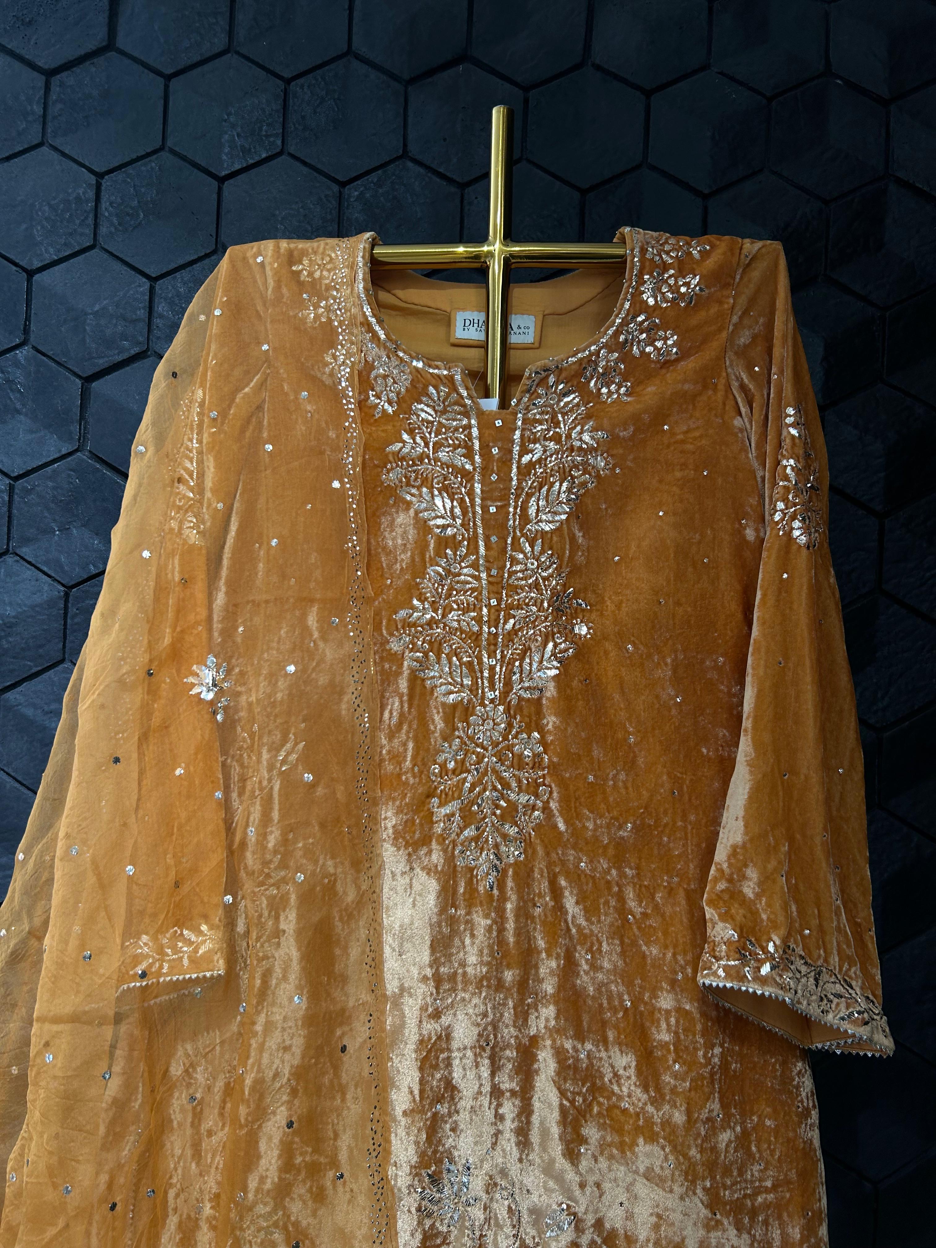 Mustard Velvet Mukaish Suit Set