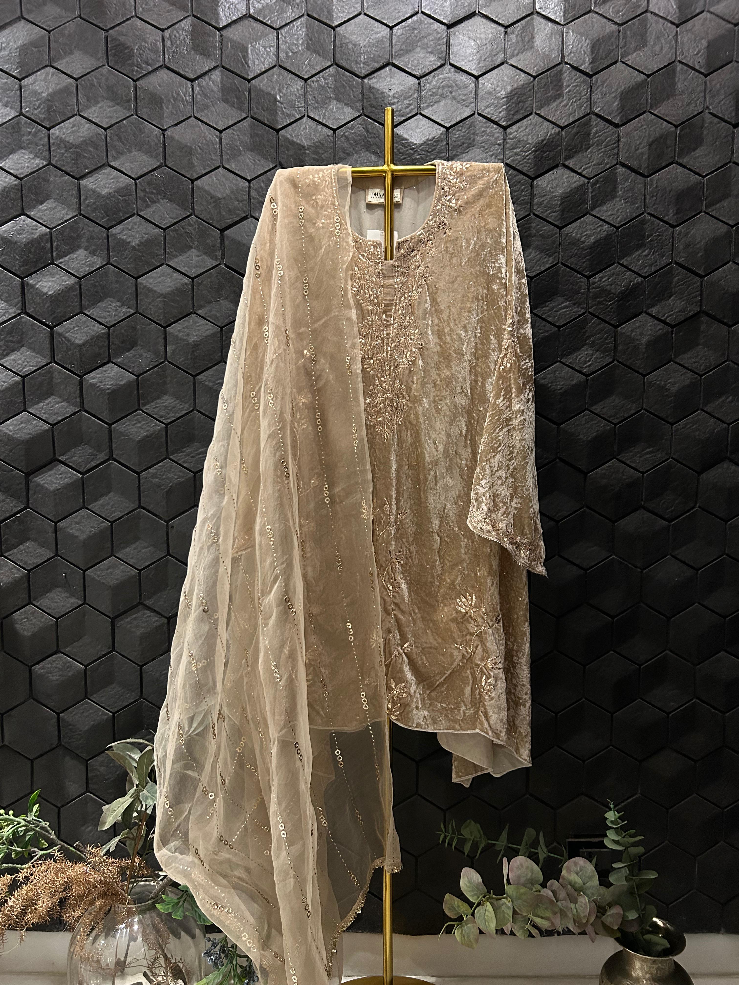 Beige Velvet Mukaish Kurta Set