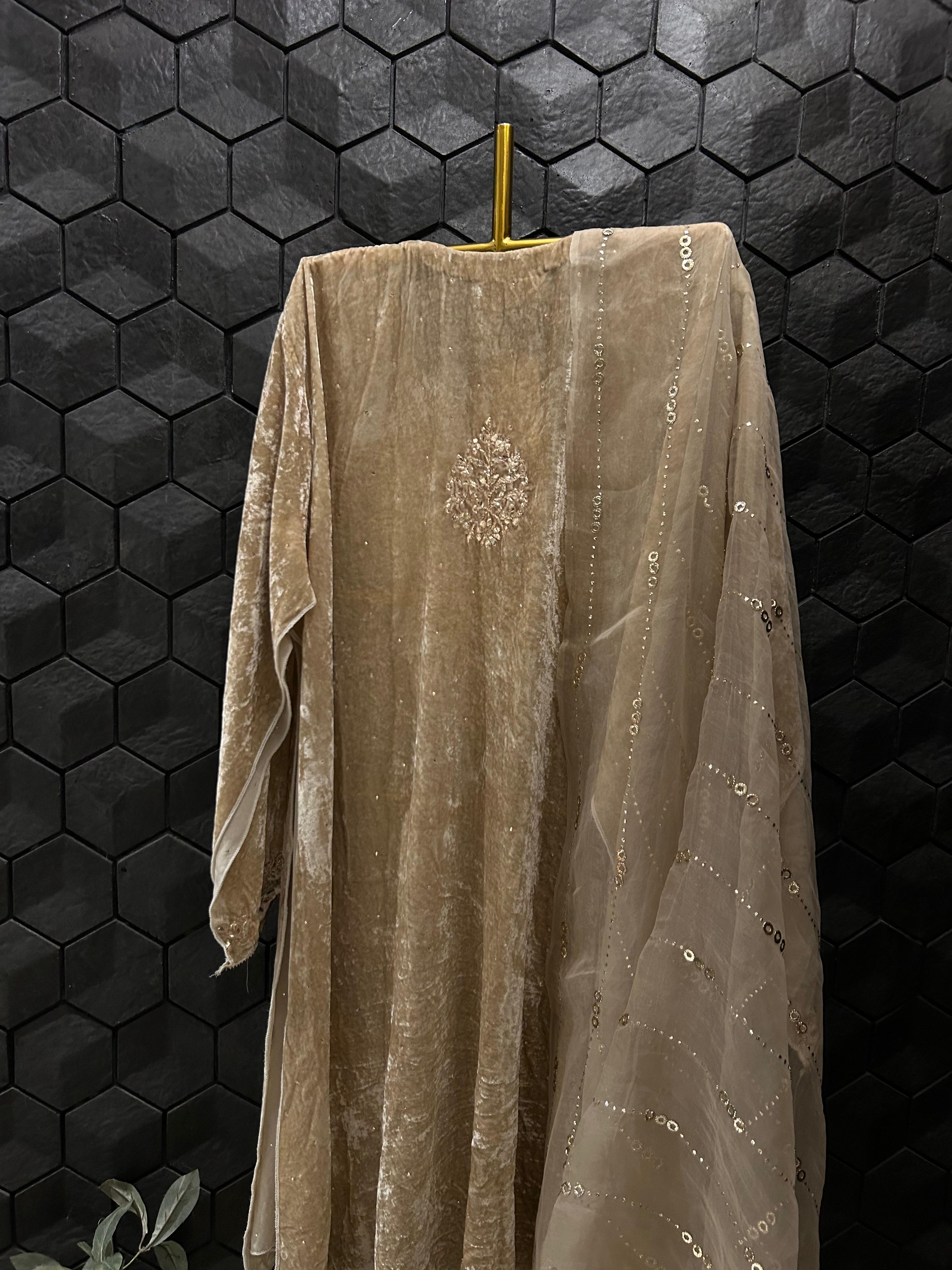 Beige Velvet Mukaish Kurta Set