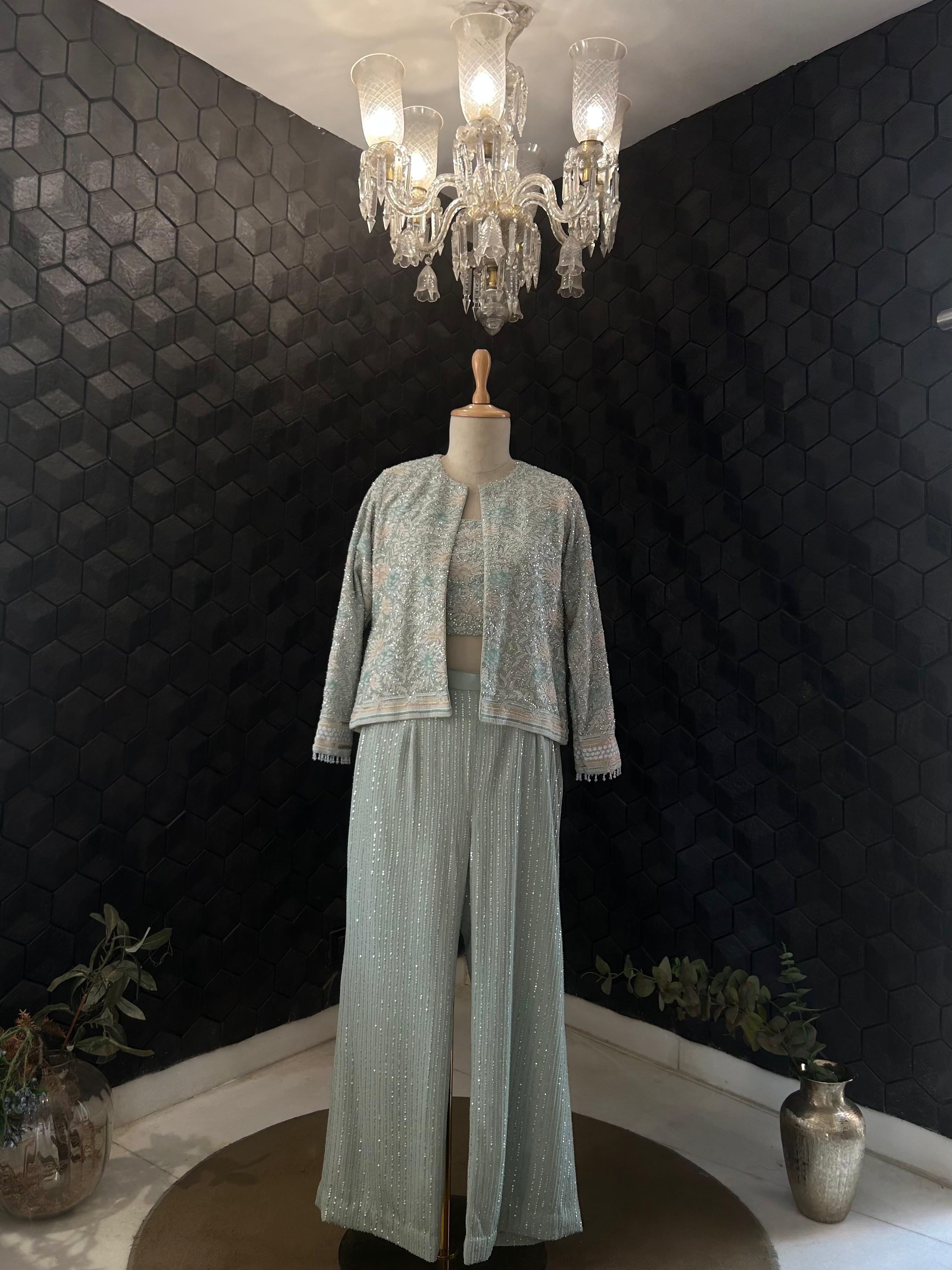 Premium Green Georgette Chikankari Gilet Co-ord Set