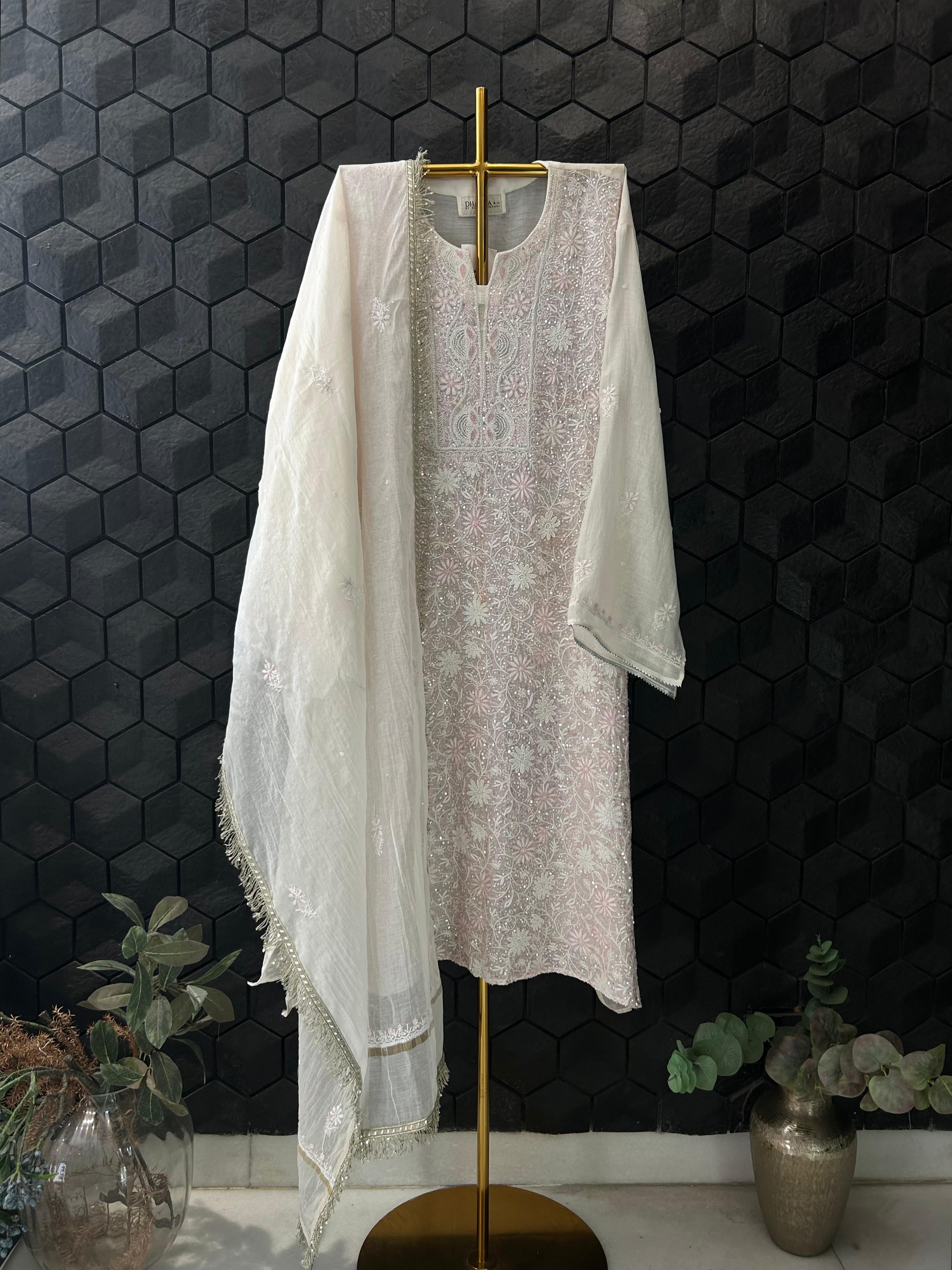 White Mul Chanderi Chikankari Kurta Set