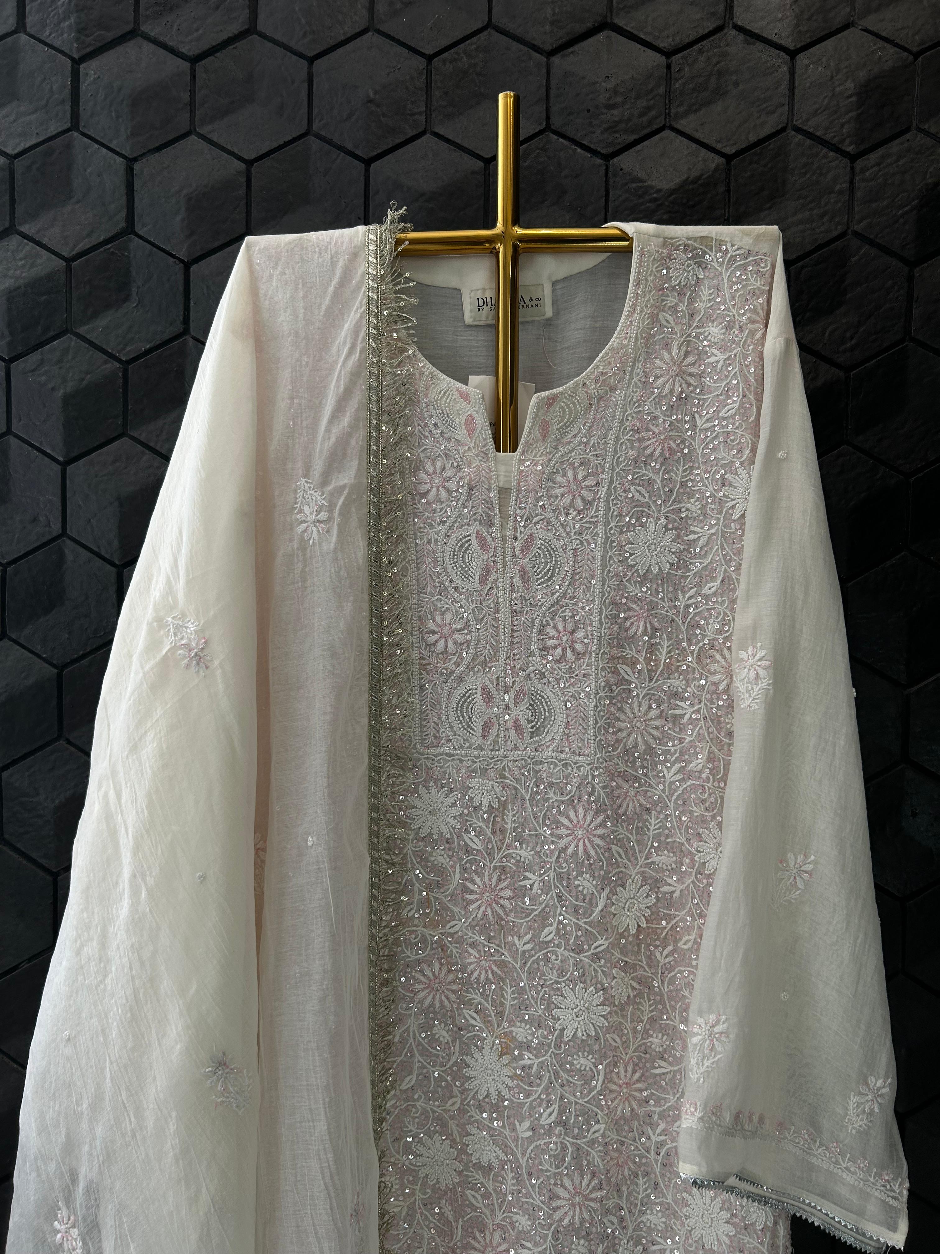 White Mul Chanderi Chikankari Kurta Set