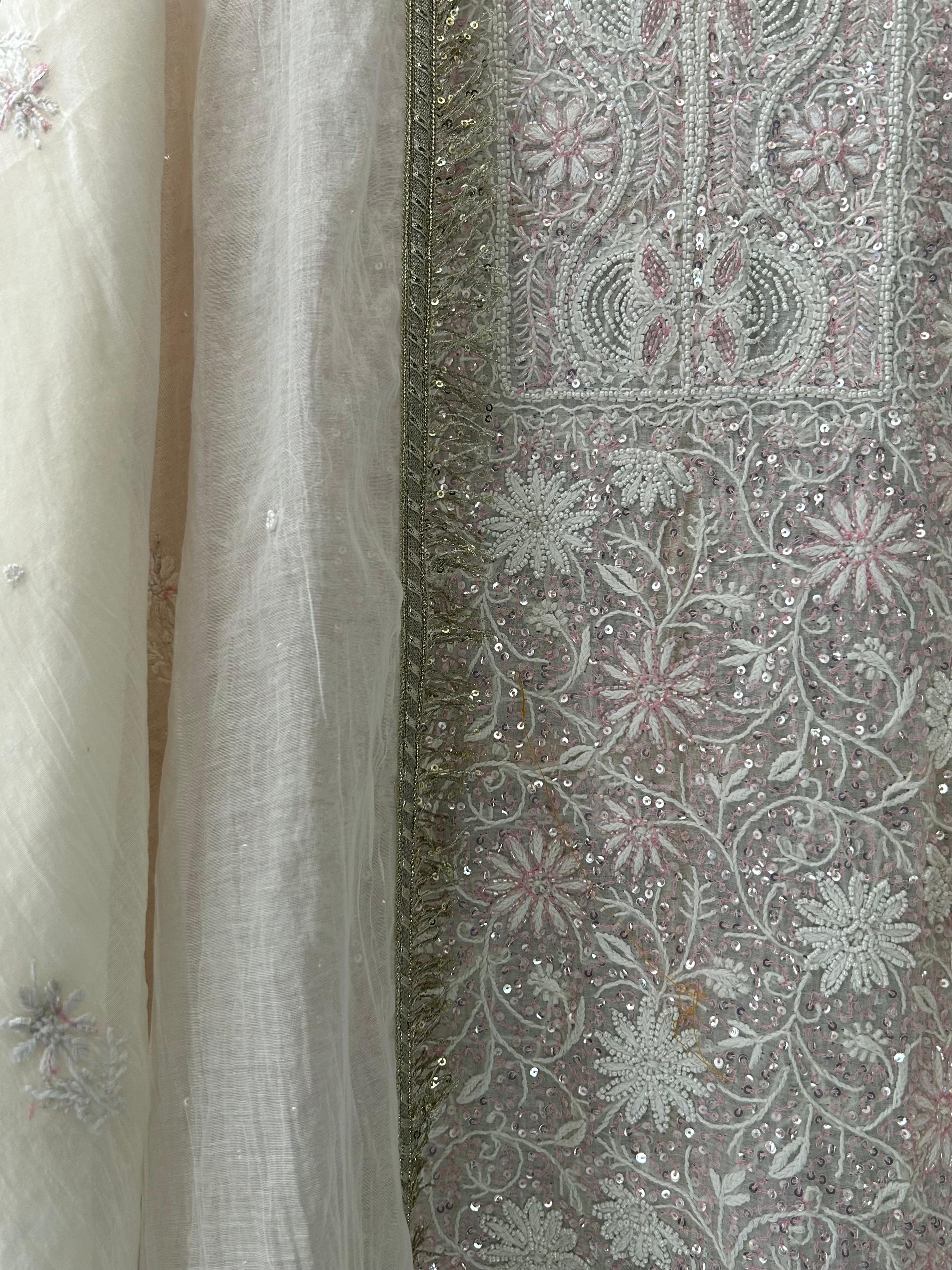 White Mul Chanderi Chikankari Kurta Set