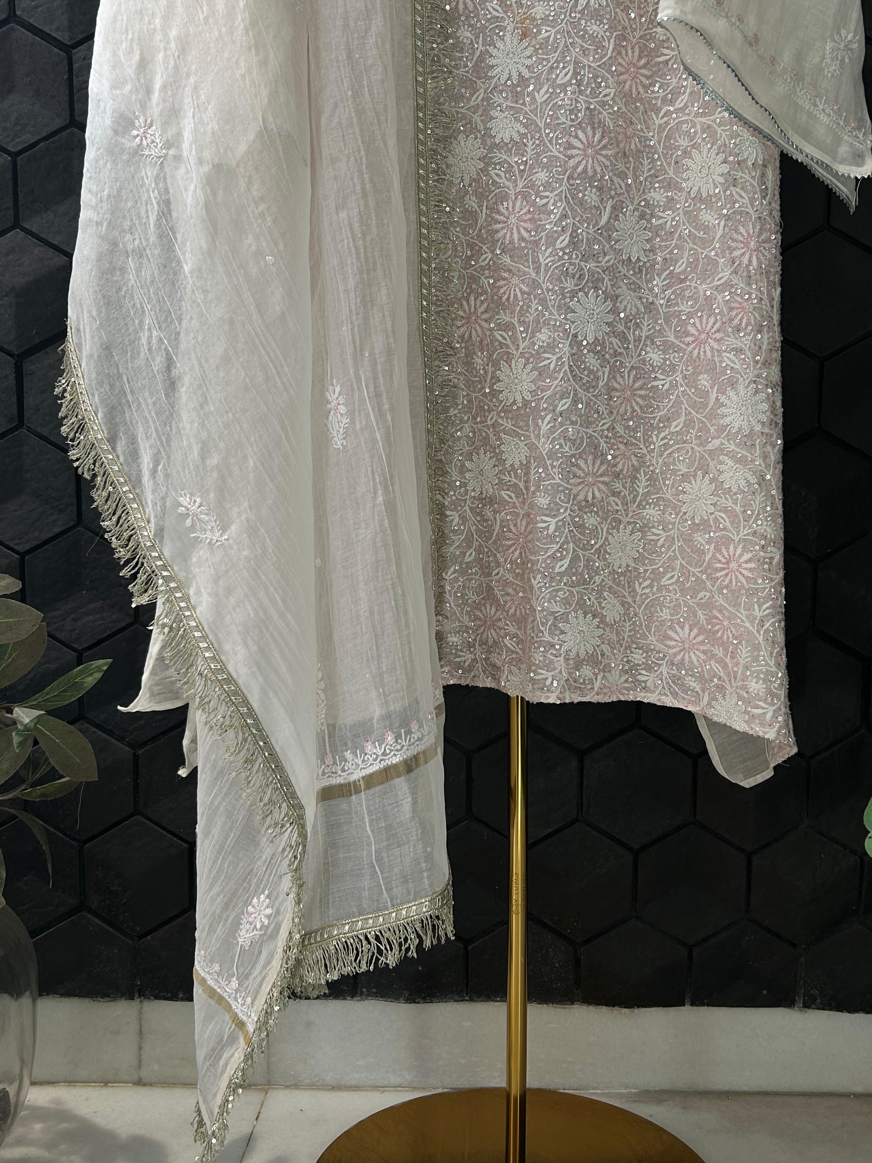 White Mul Chanderi Chikankari Kurta Set