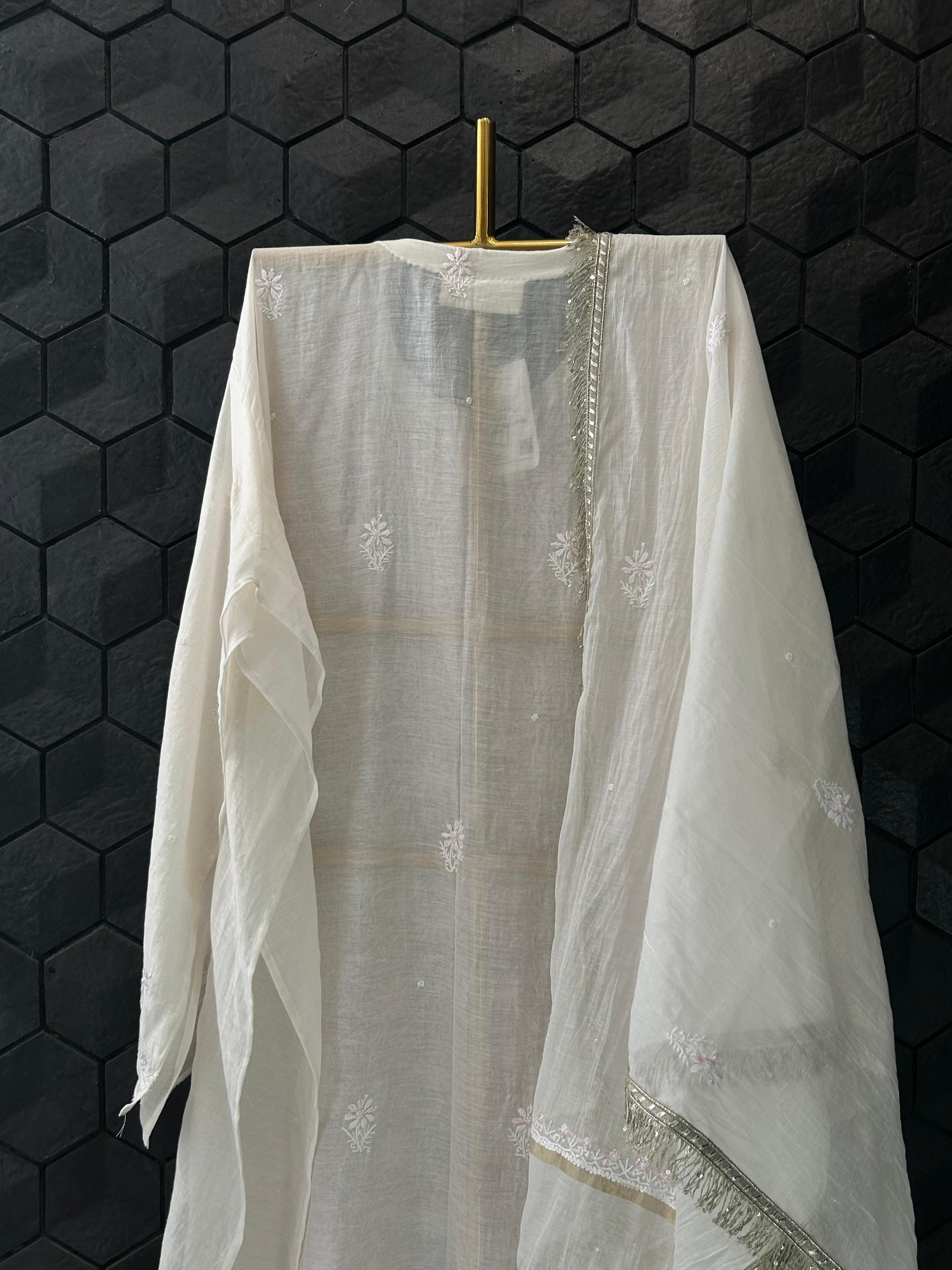 White Mul Chanderi Chikankari Kurta Set