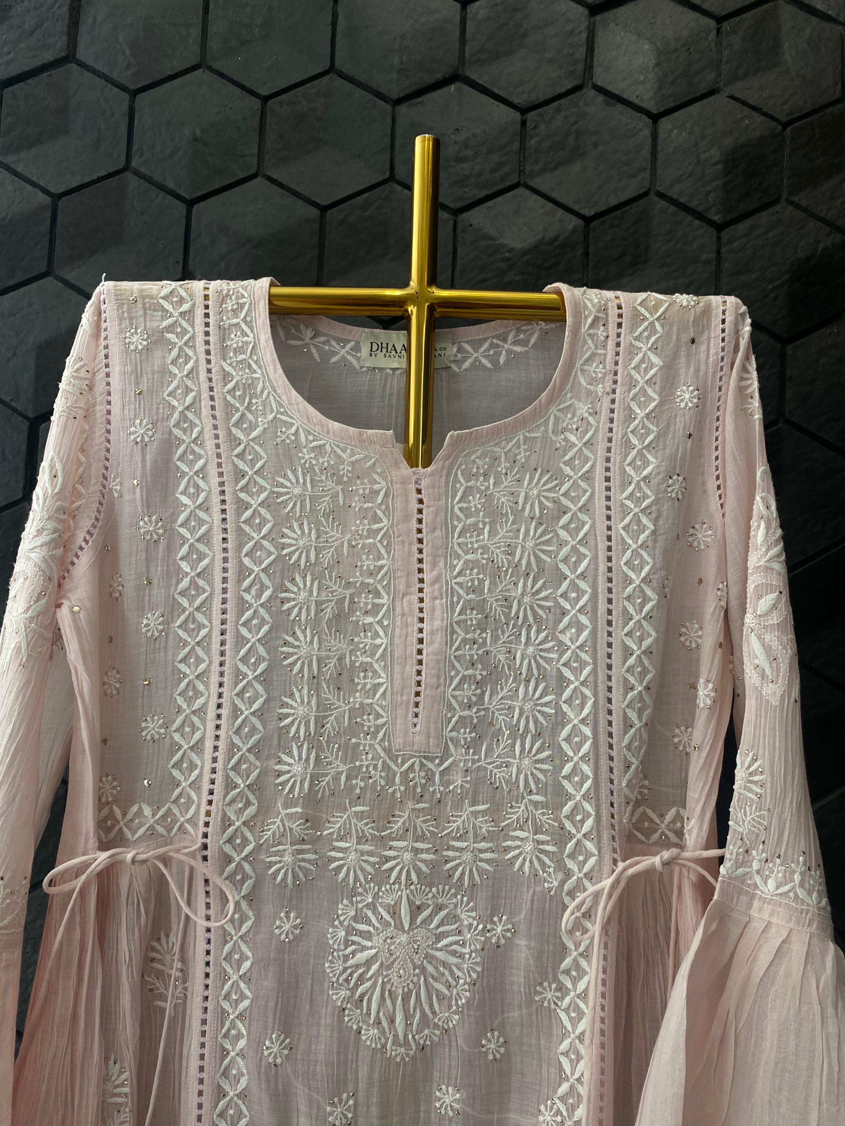 Pink mul chanderi chikankari dress