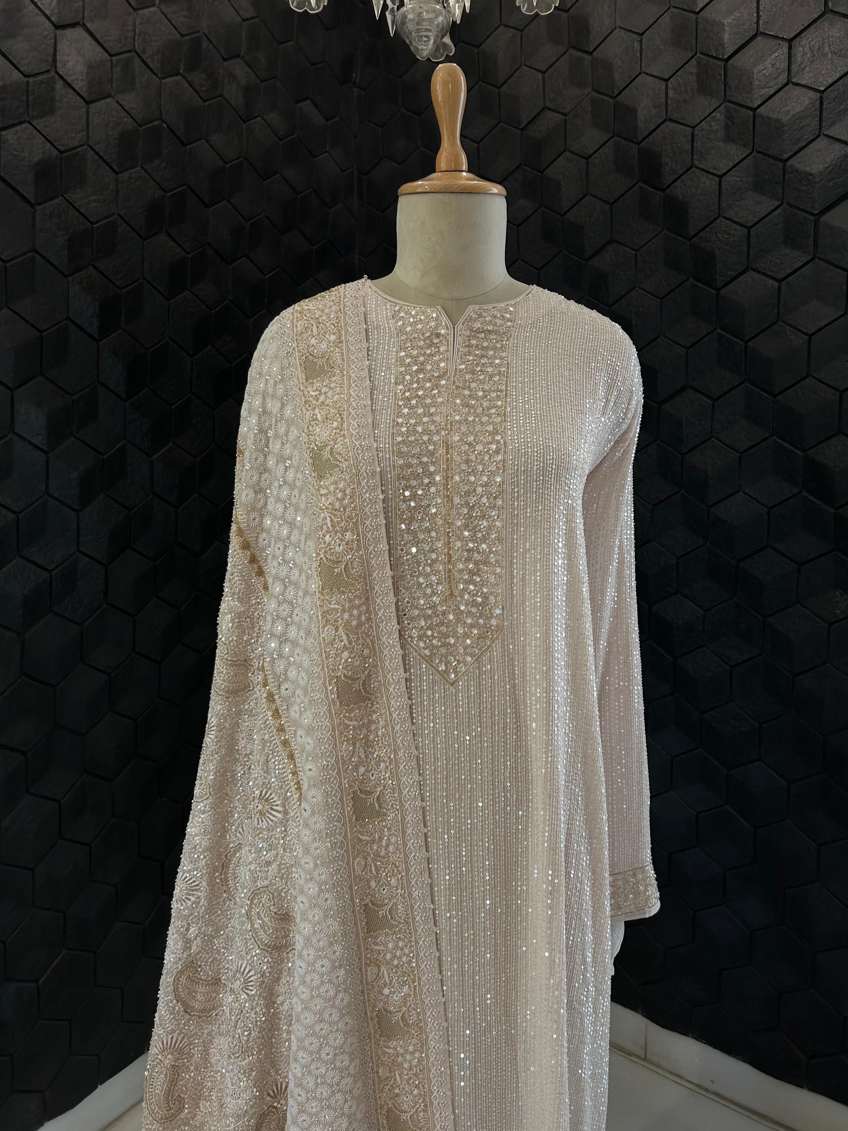 Premium Beige Georgette Chikankari Heavy Dupatta Kurta Set