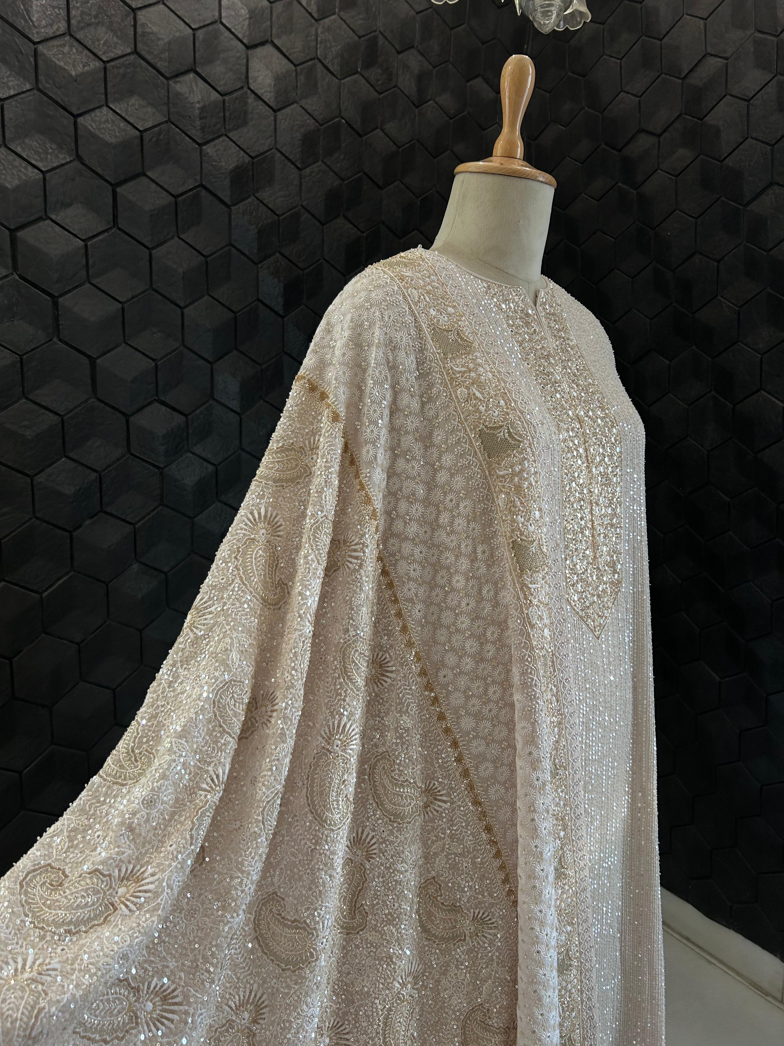 Premium Beige Georgette Chikankari Heavy Dupatta Kurta Set