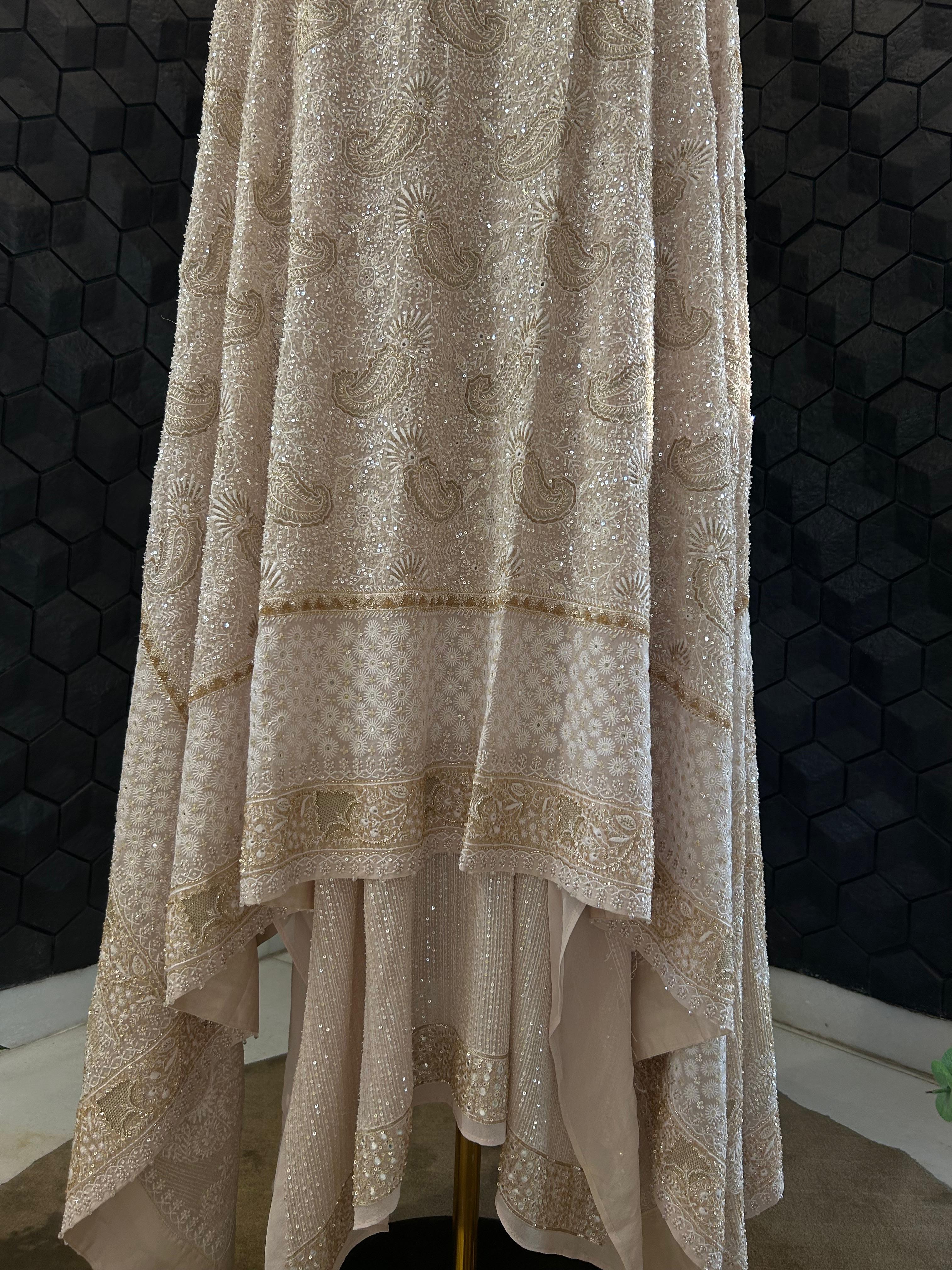 Premium Beige Georgette Chikankari Heavy Dupatta Kurta Set