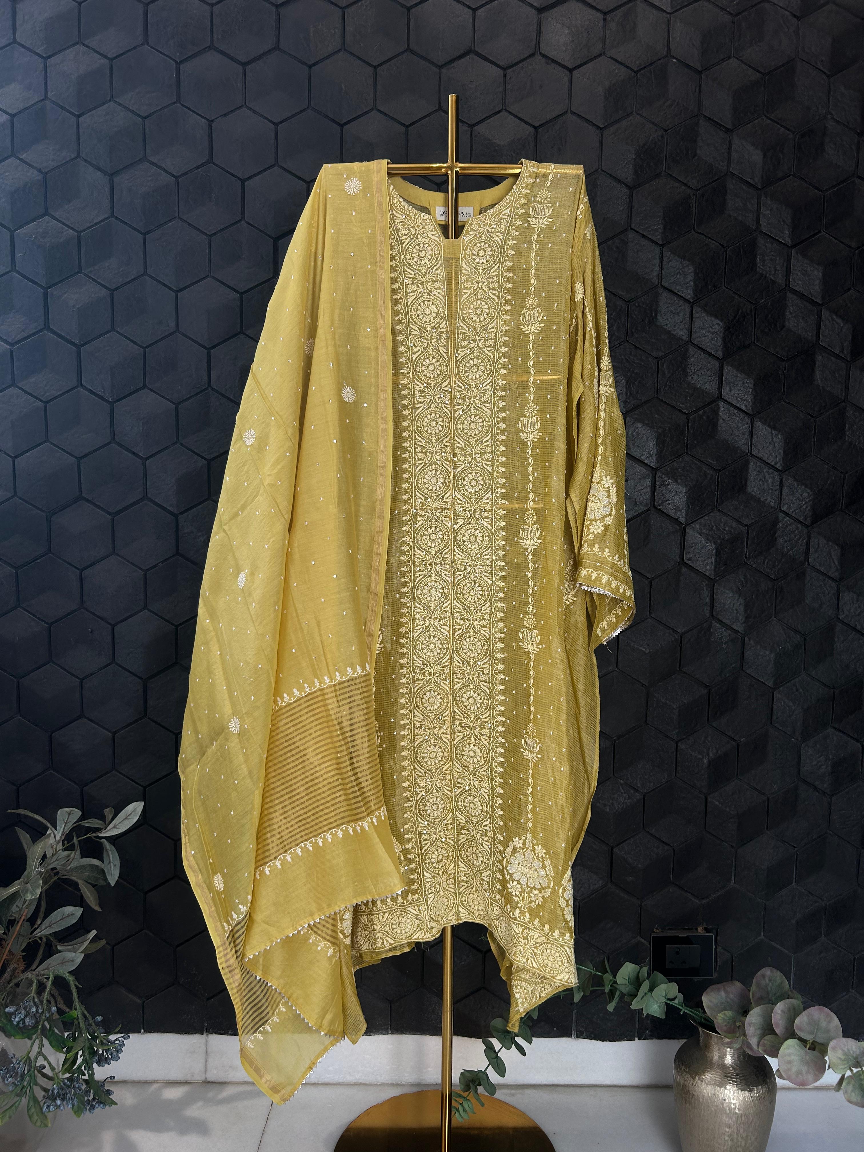 Lime green Tissue Kota Chikankari Kurta Set