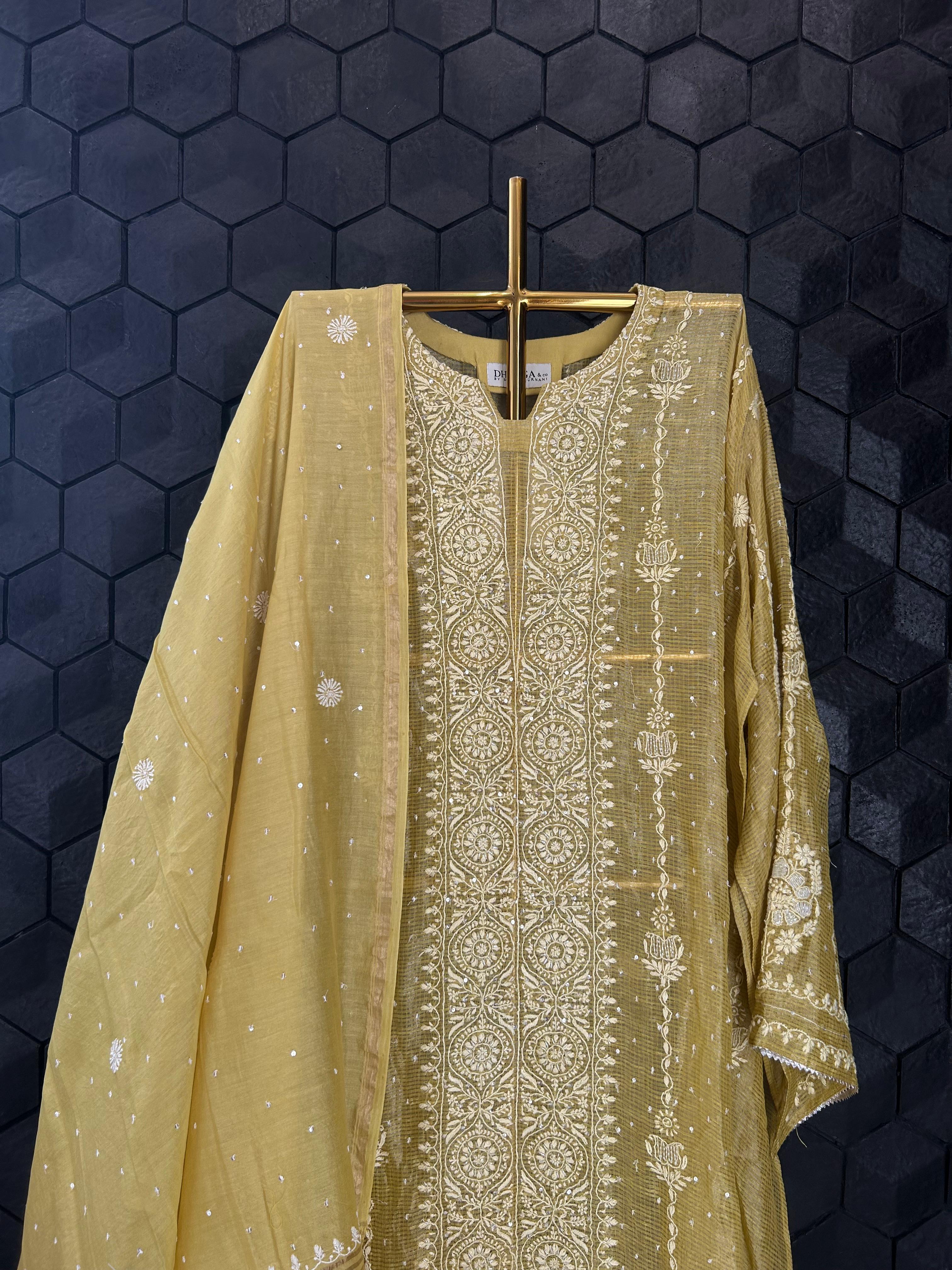 Lime green Tissue Kota Chikankari Kurta Set