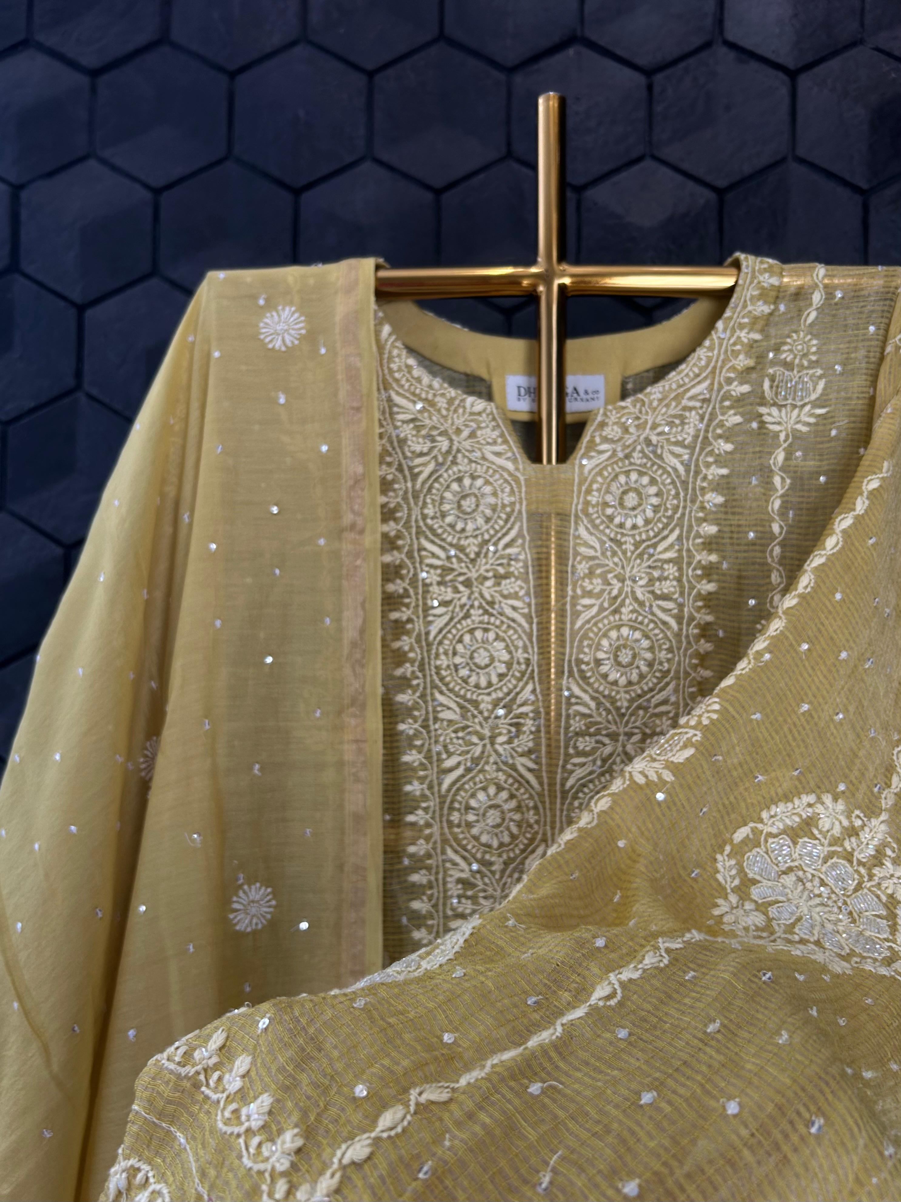 Lime green Tissue Kota Chikankari Kurta Set