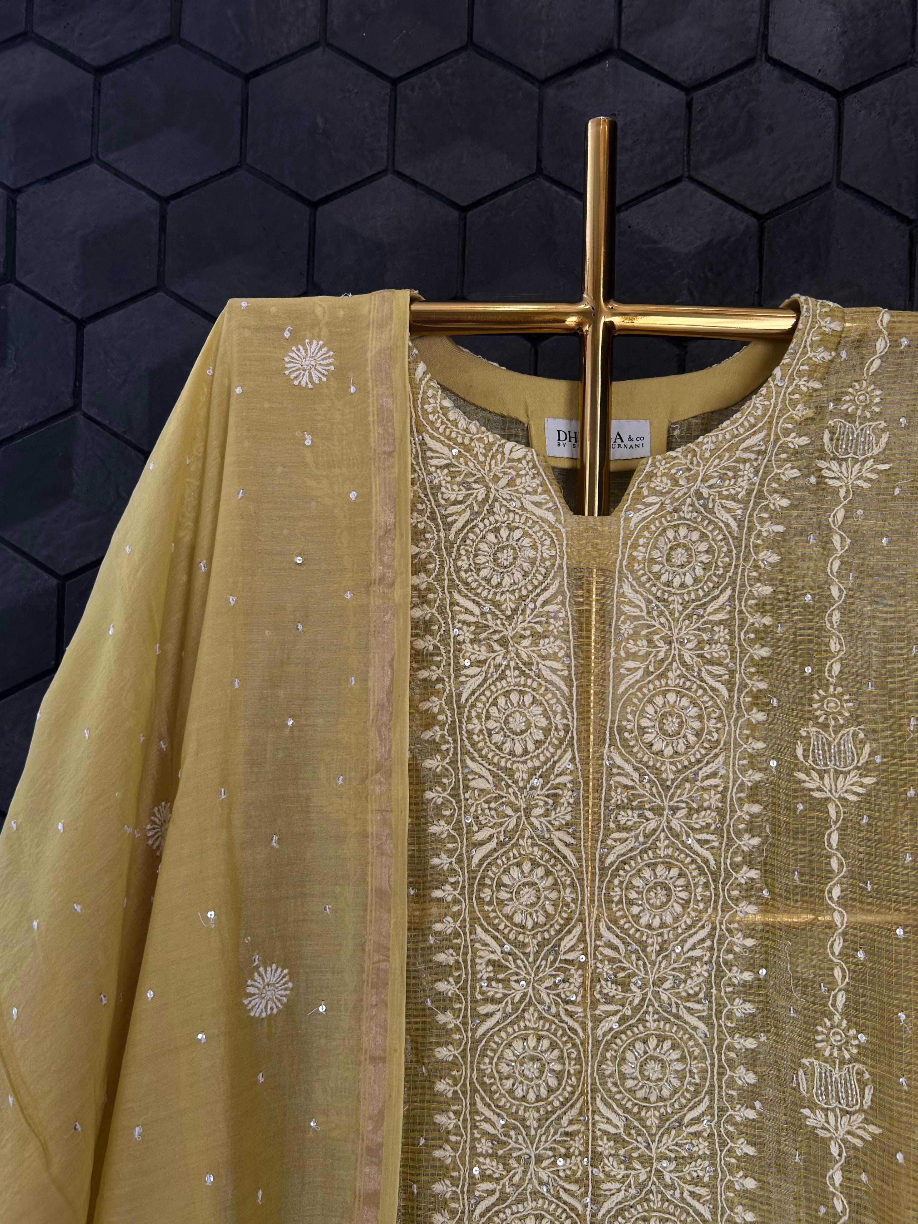 Lime green Tissue Kota Chikankari Kurta Set