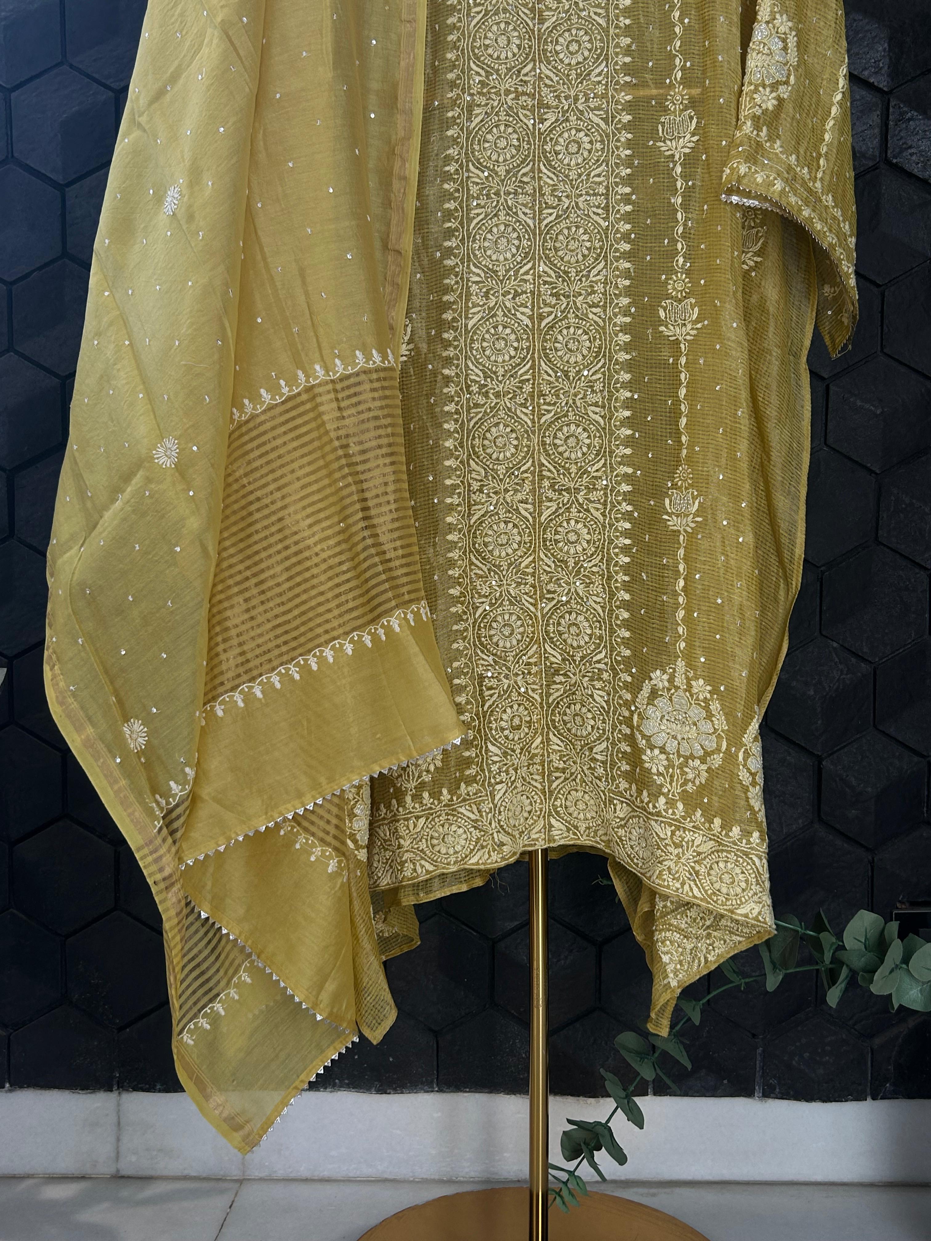 Lime green Tissue Kota Chikankari Kurta Set