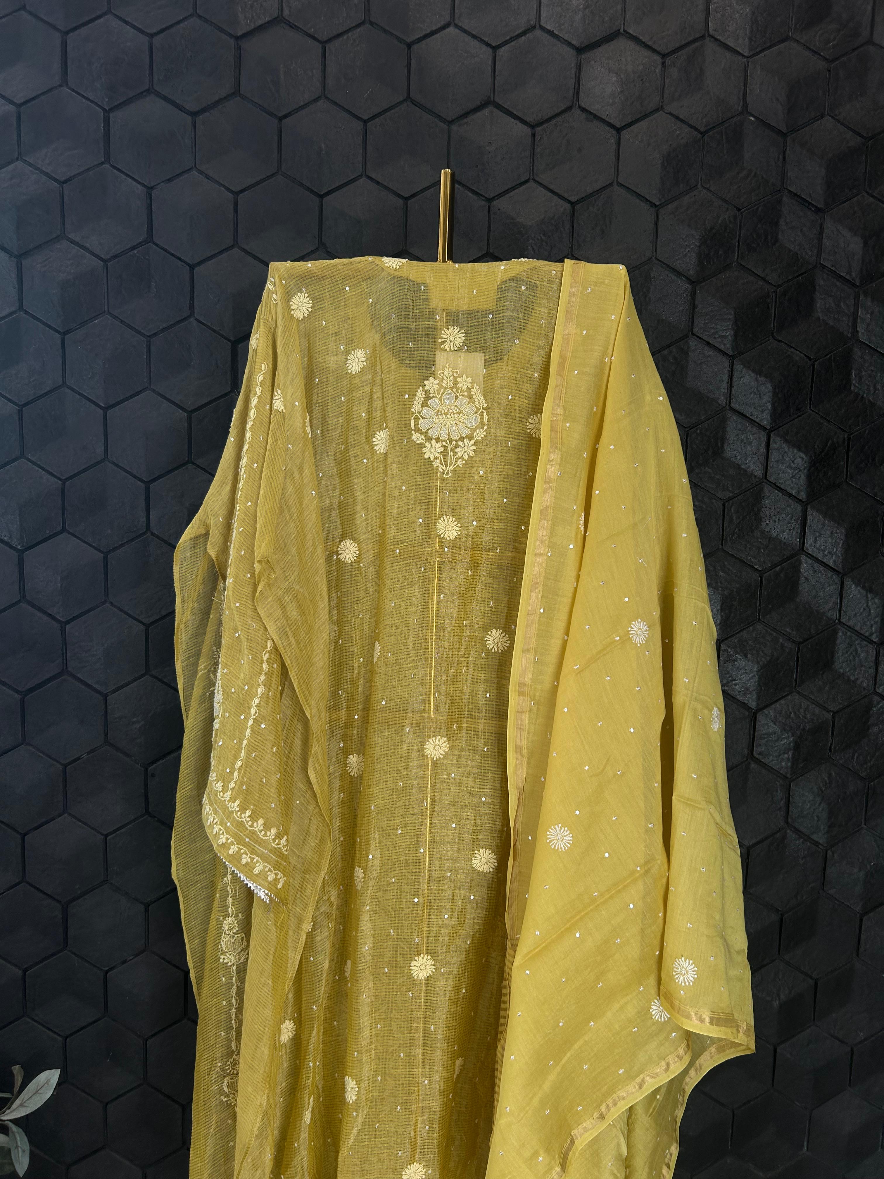Lime green Tissue Kota Chikankari Kurta Set