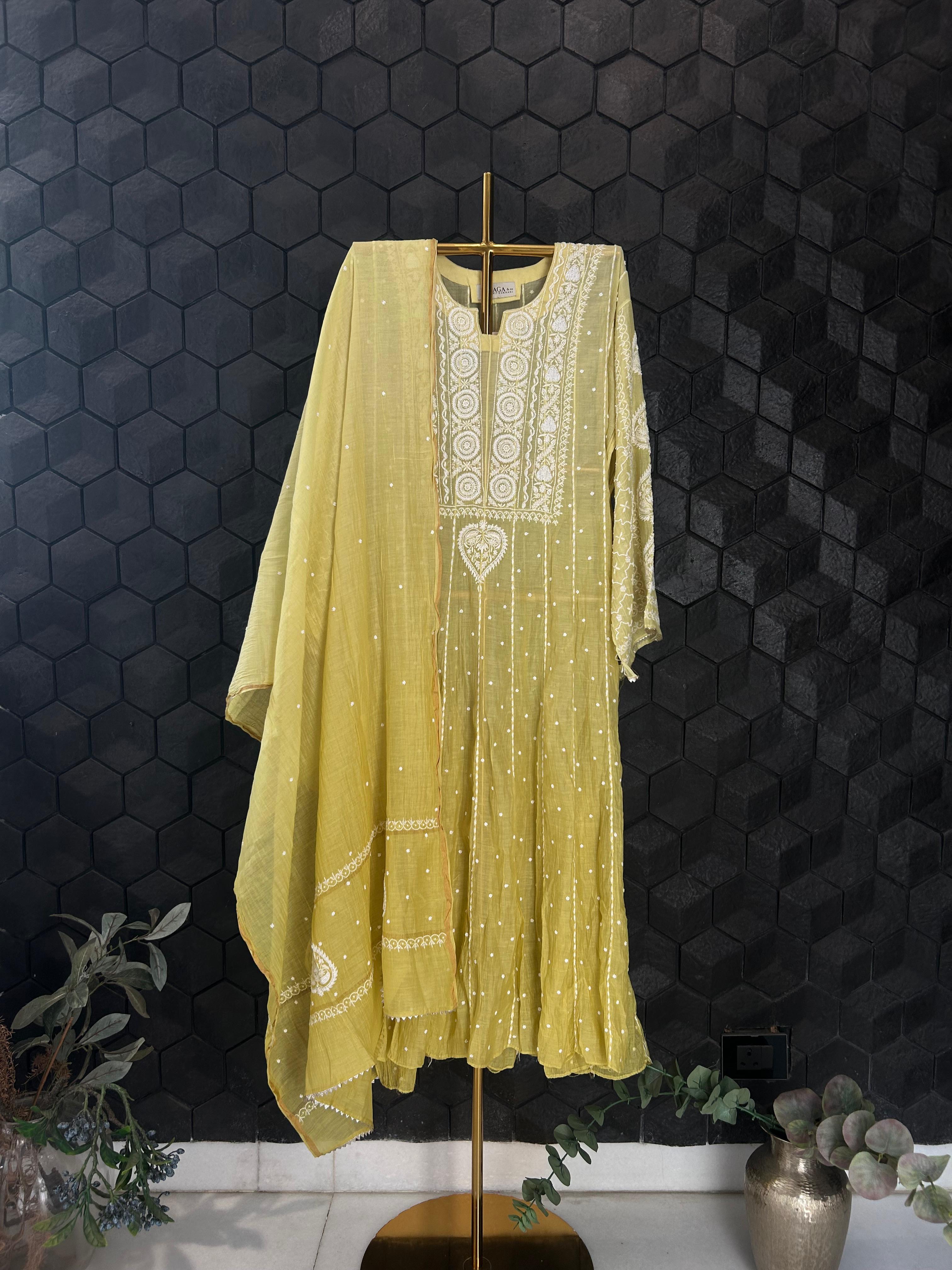 Lime green mul chanderi Chikankari Anarkali set