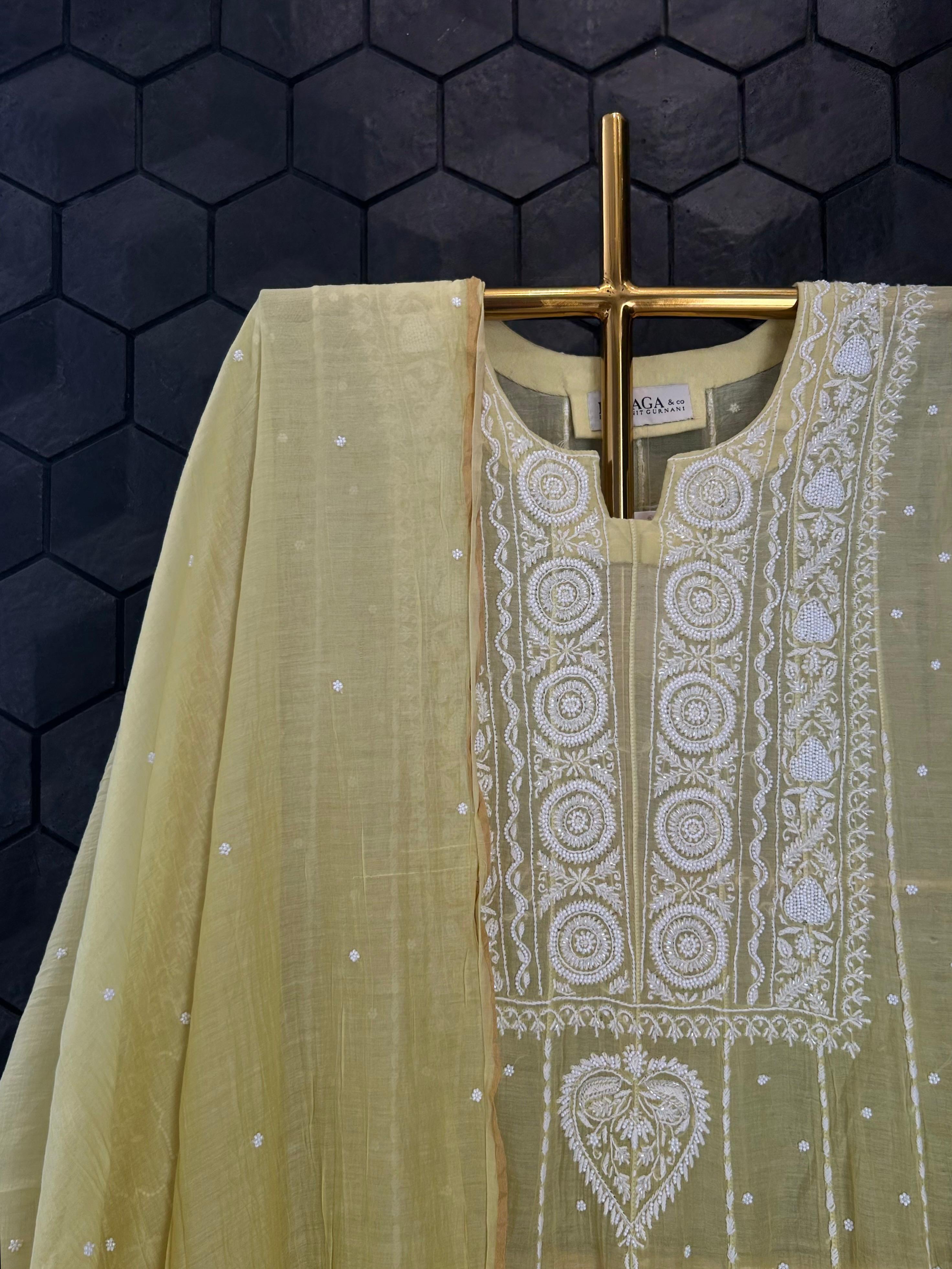 Lime green mul chanderi Chikankari Anarkali set