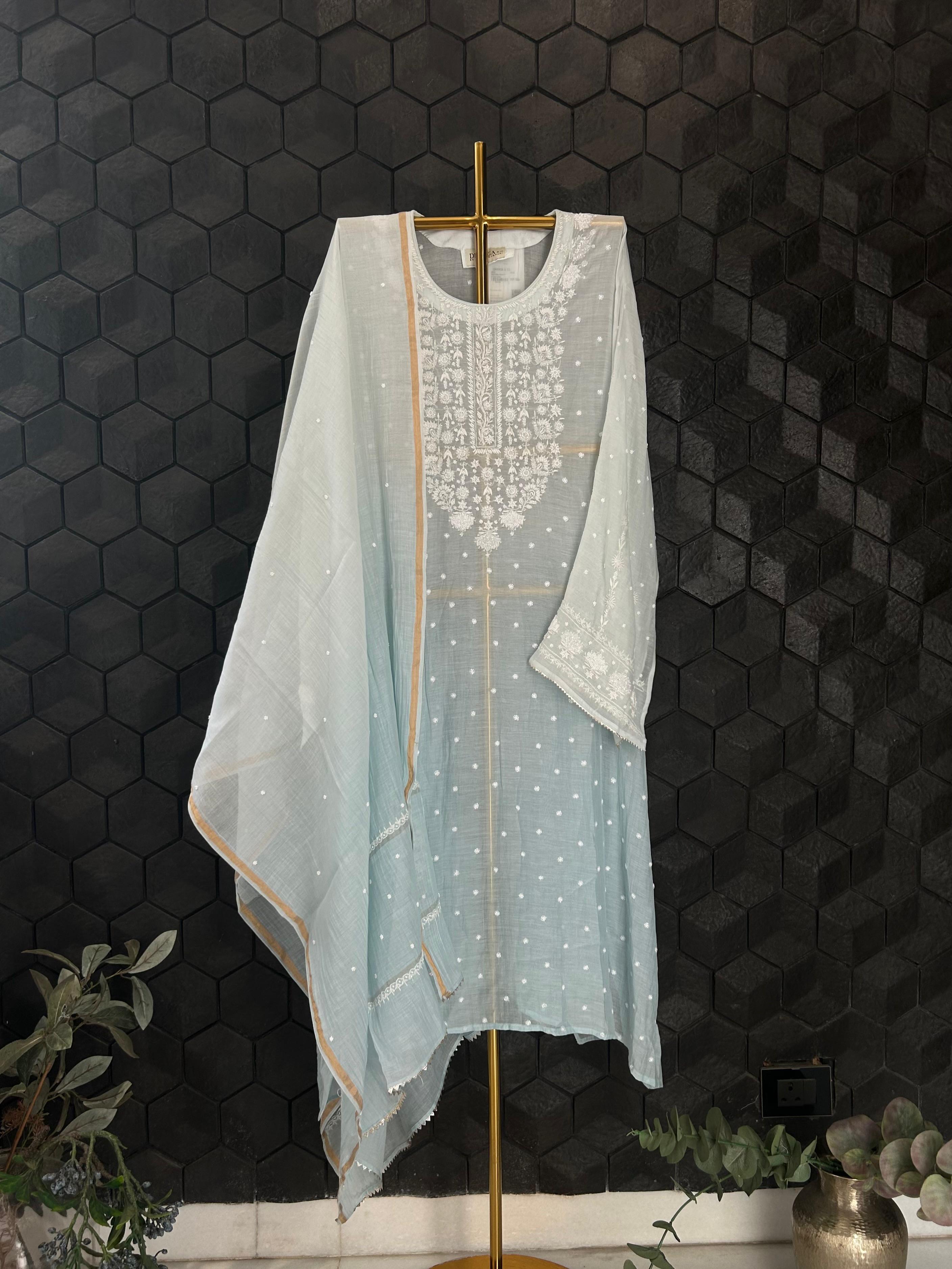Blue mul chanderi chikankari kurta set