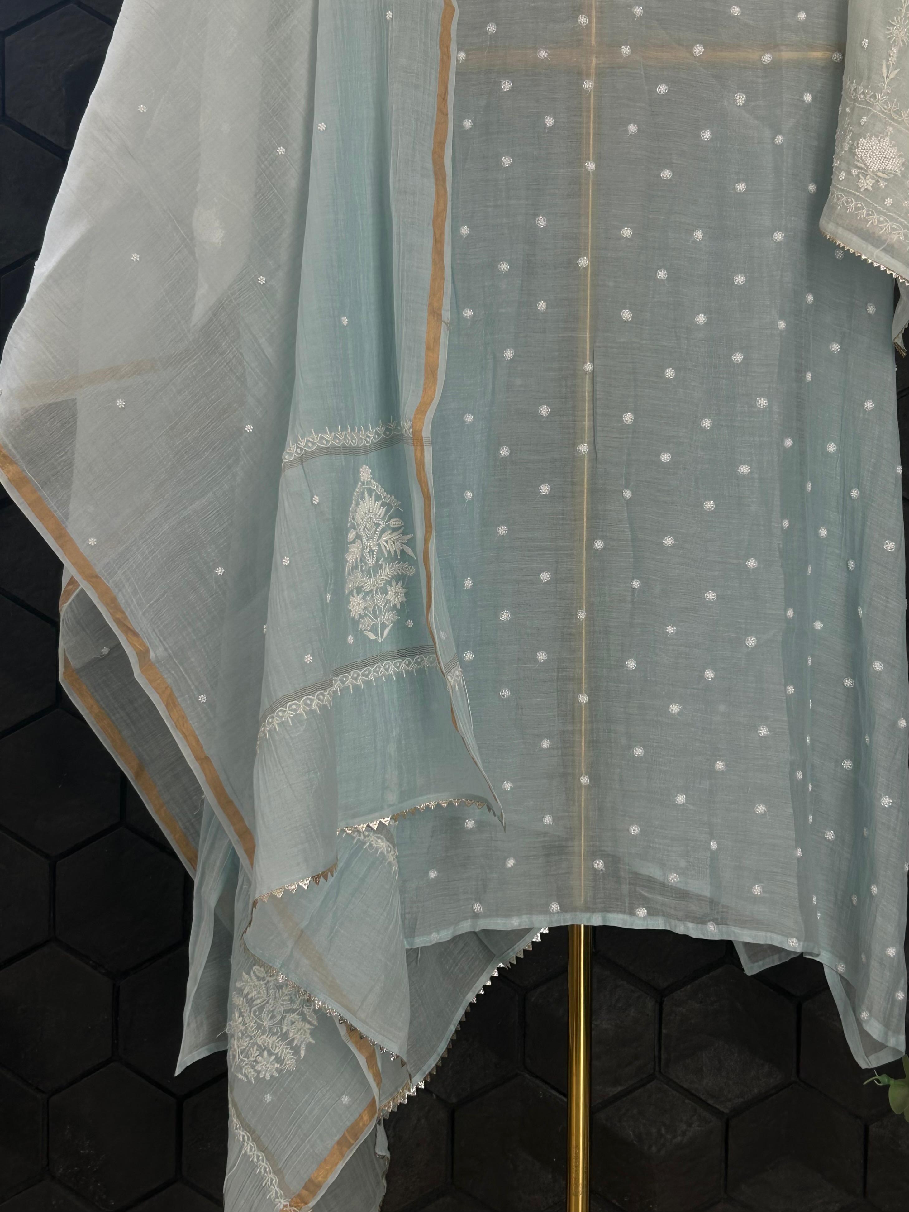 Blue mul chanderi chikankari kurta set