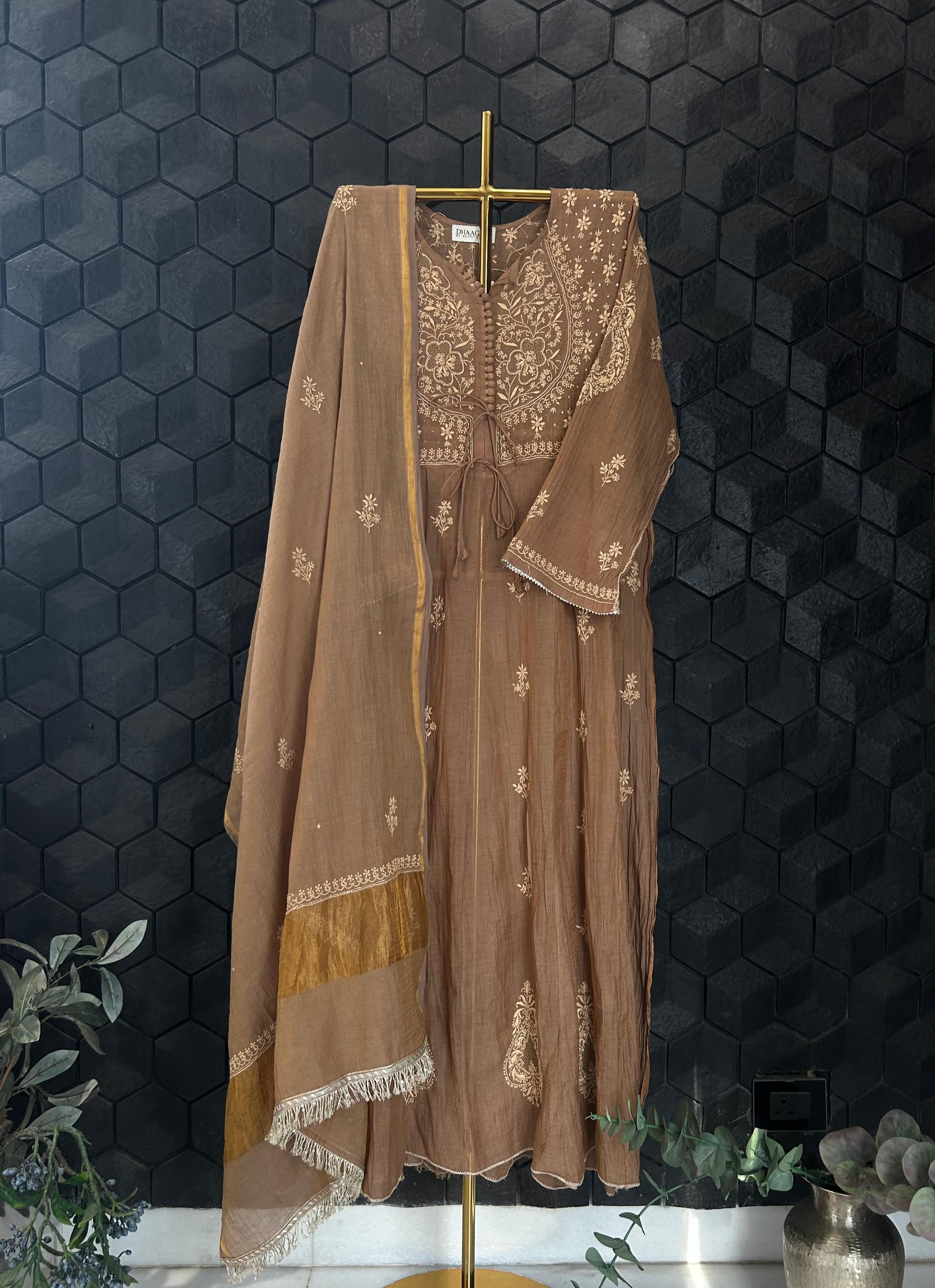 Brown tissue matka neckline chikankari anarkali set