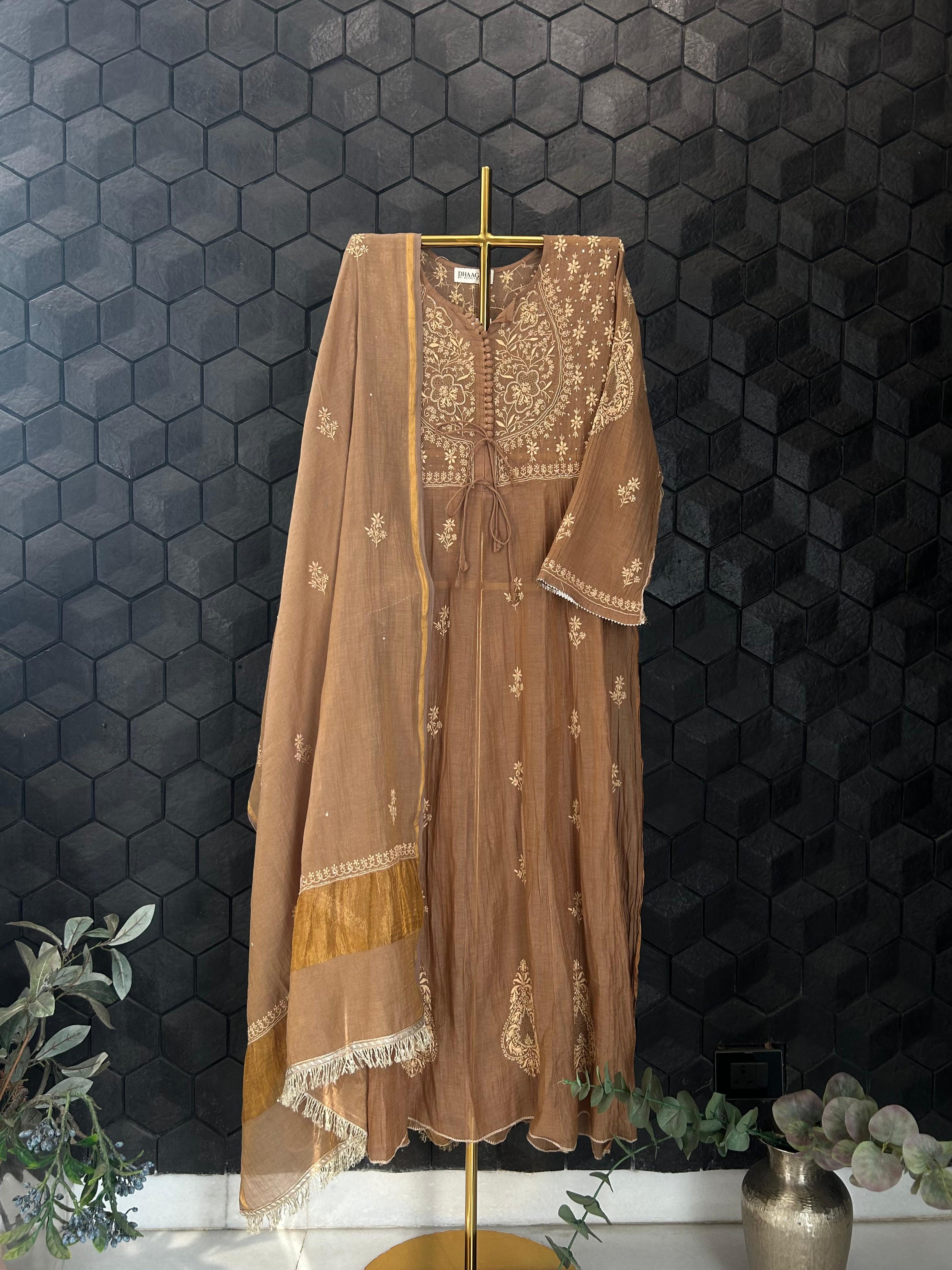 Brown tissue matka neckline chikankari anarkali set