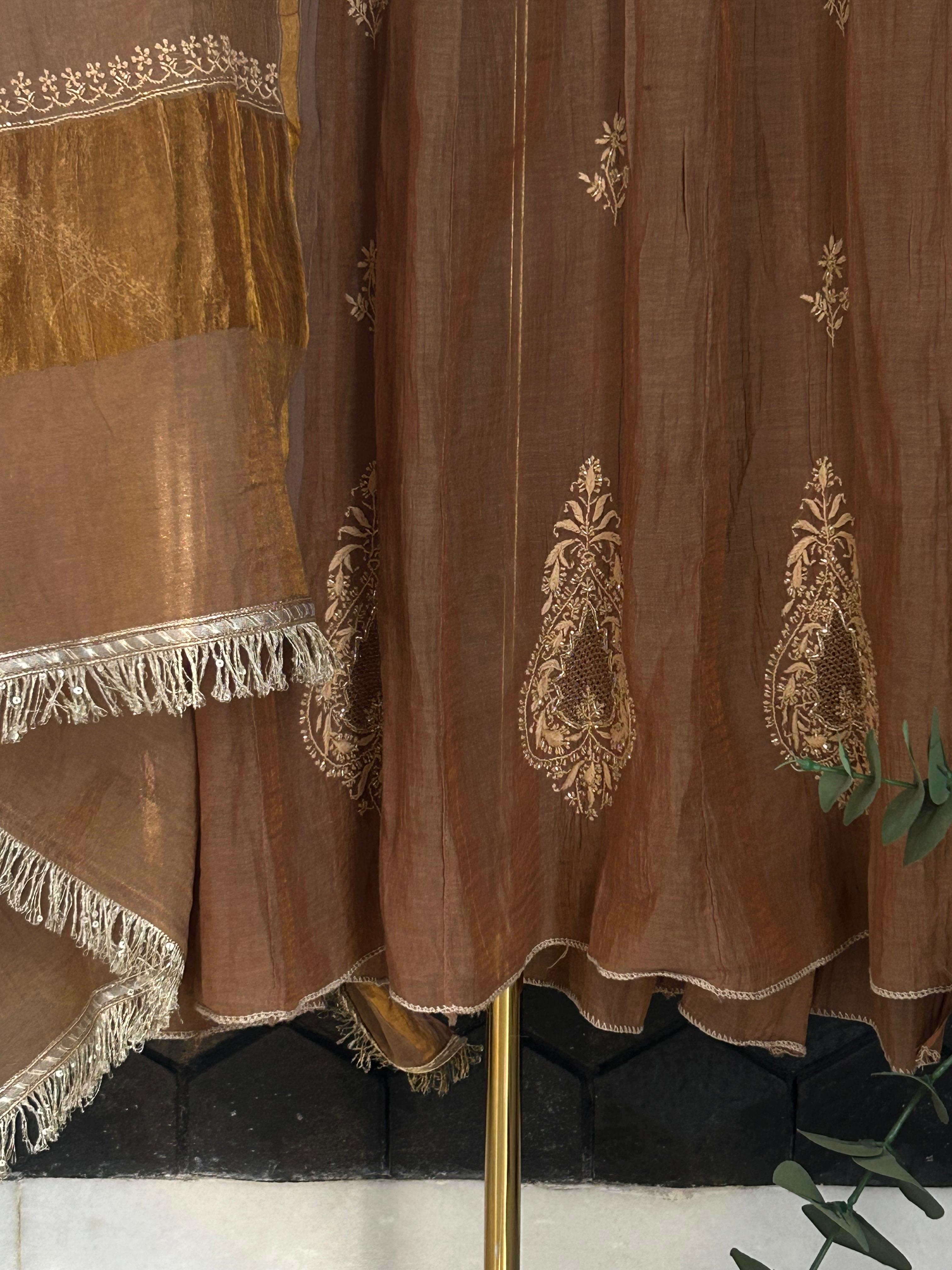 Brown tissue matka neckline chikankari anarkali set