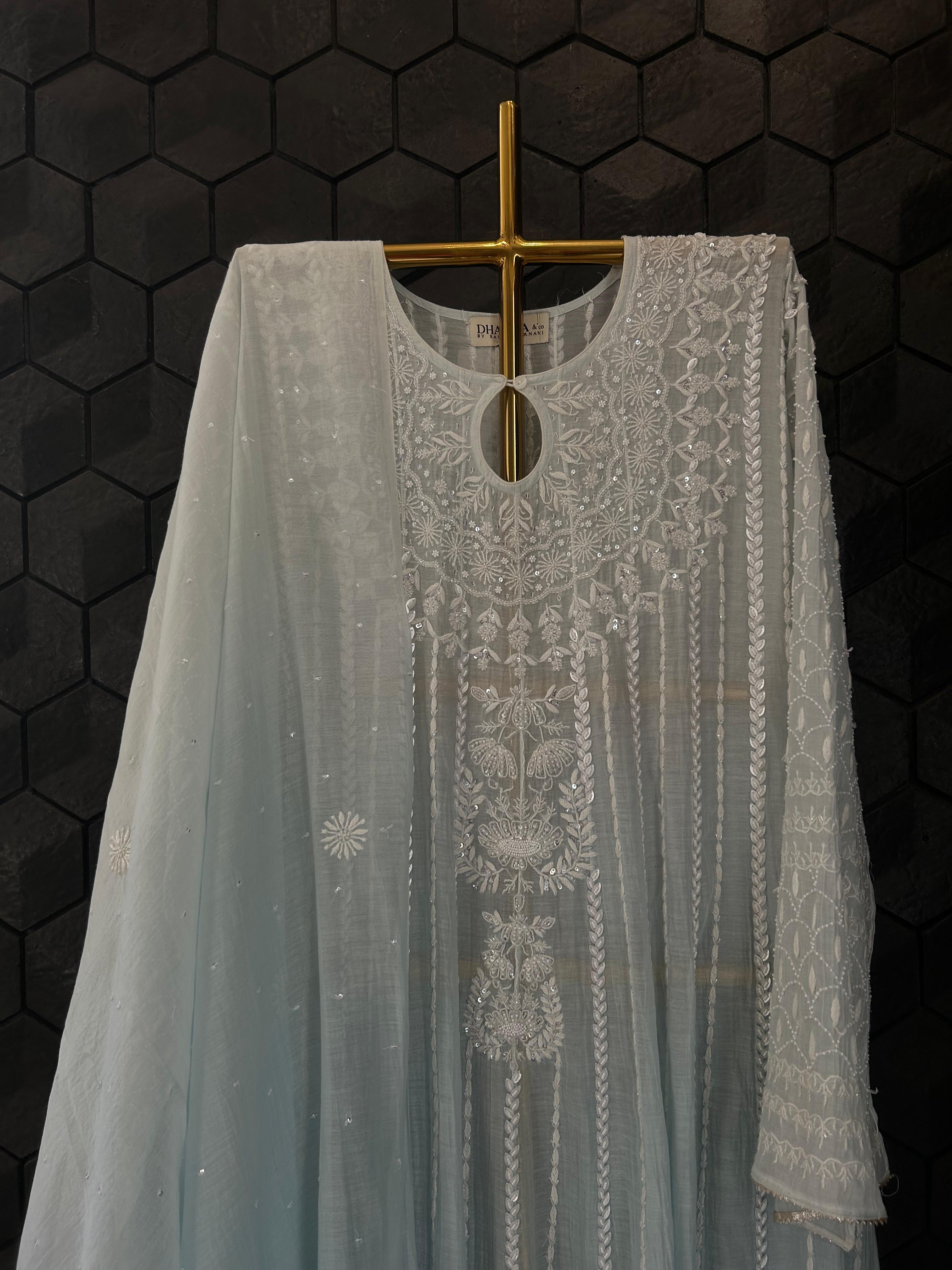 Sky Blue Mul Chanderi Chikankari Anarkali Set