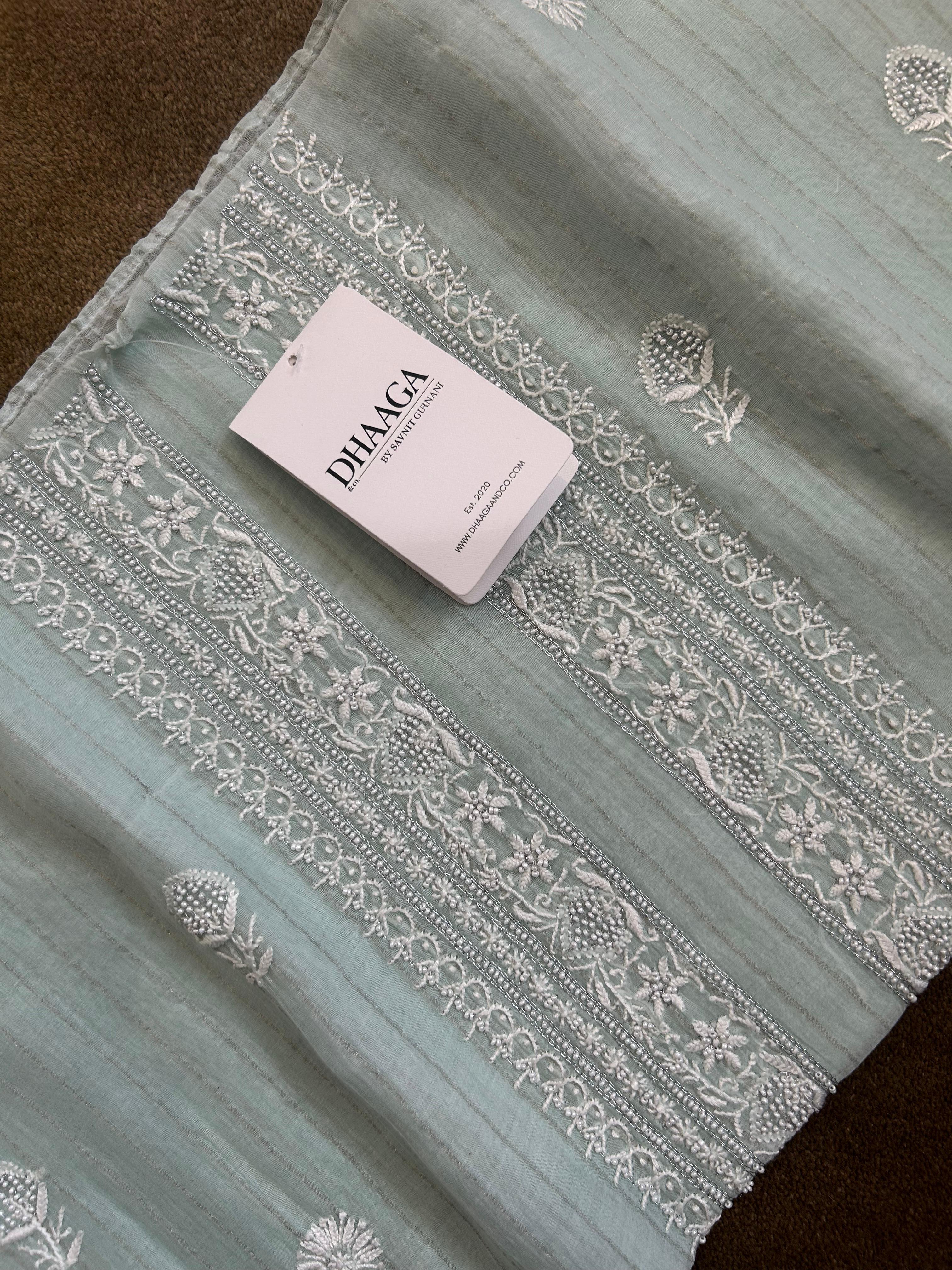 Green Mens Mul Chanderi Chikankari kurta