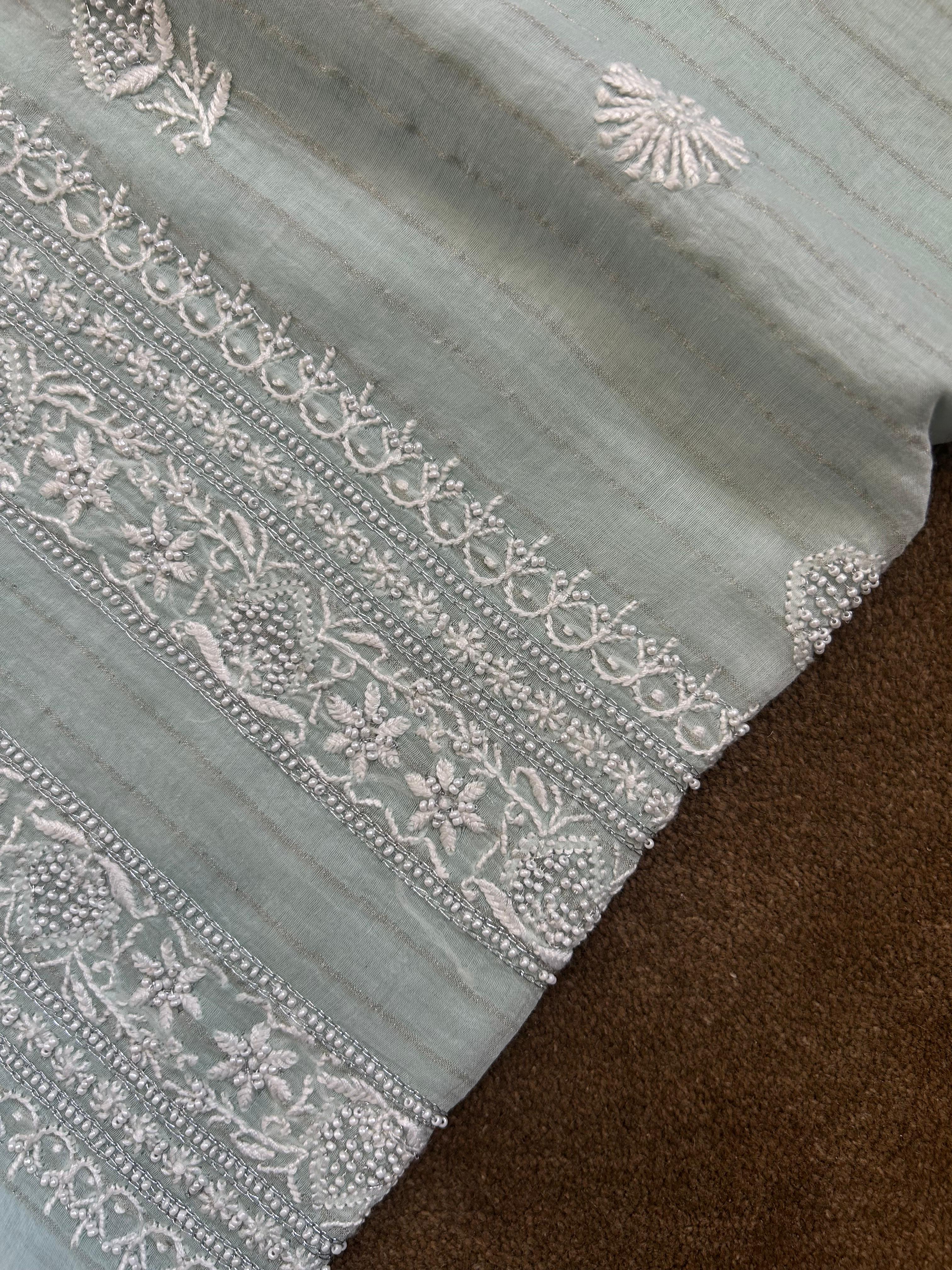 Green Mens Mul Chanderi Chikankari kurta