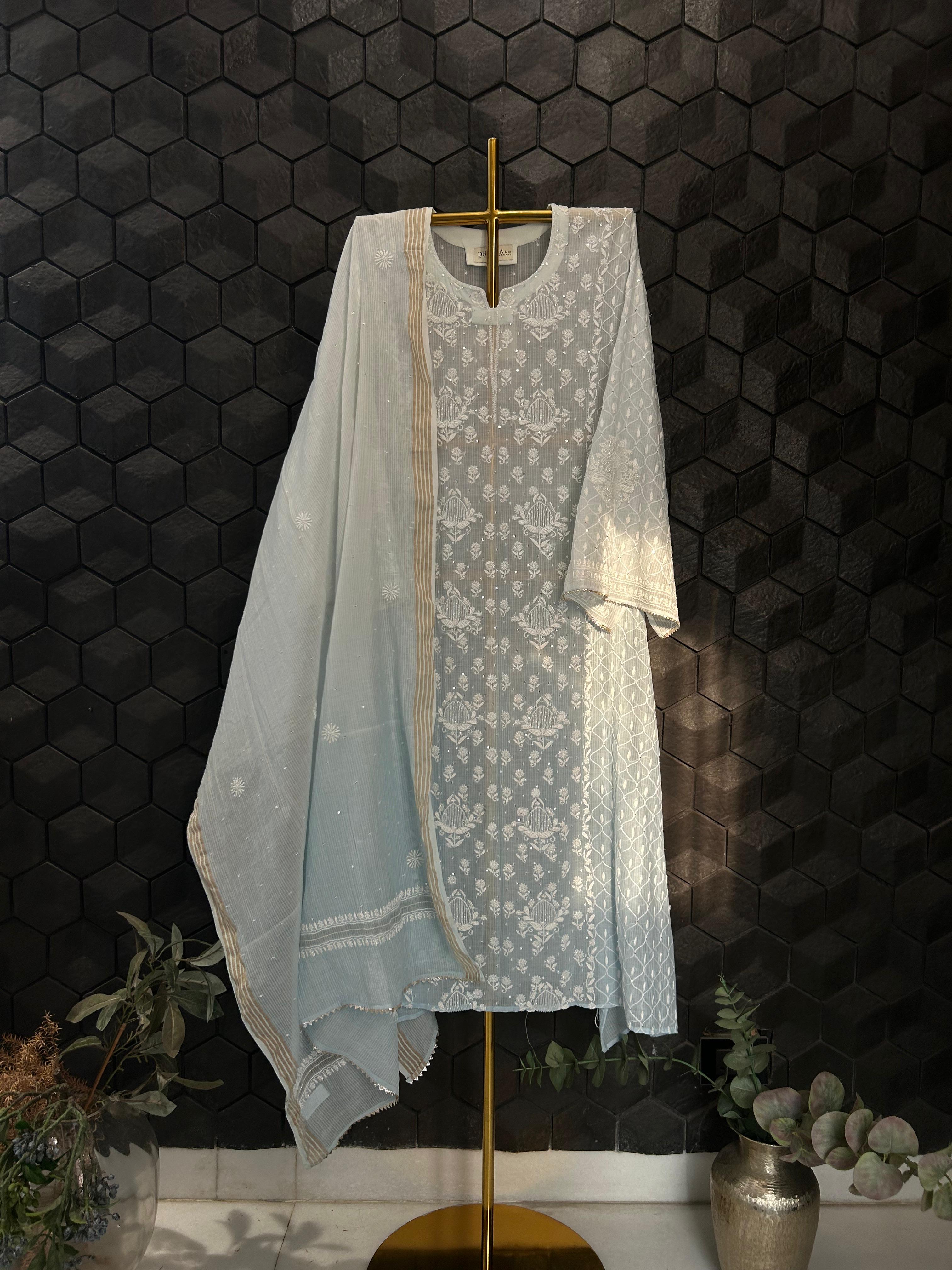 Sky Blue Maheshwari Chanderi Chikankari Kurta Set