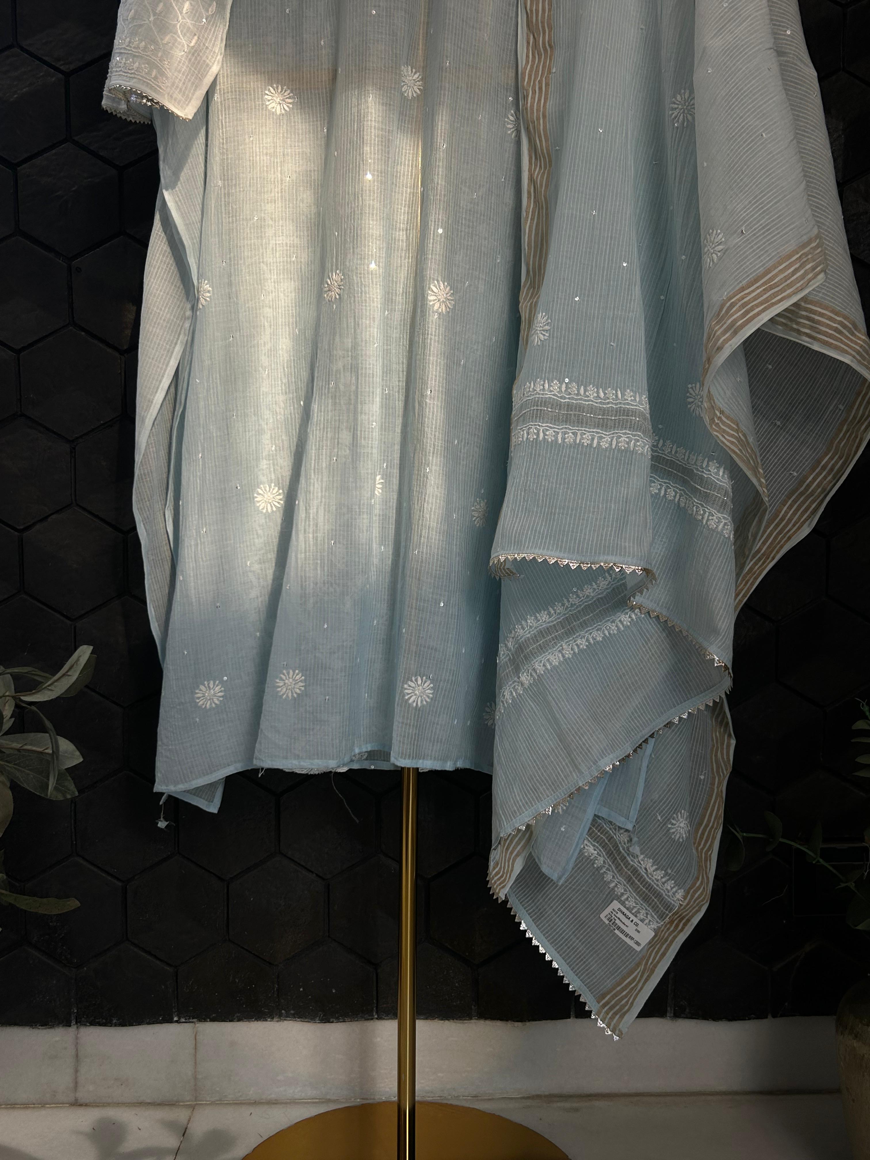 Sky Blue Maheshwari Chanderi Chikankari Kurta Set