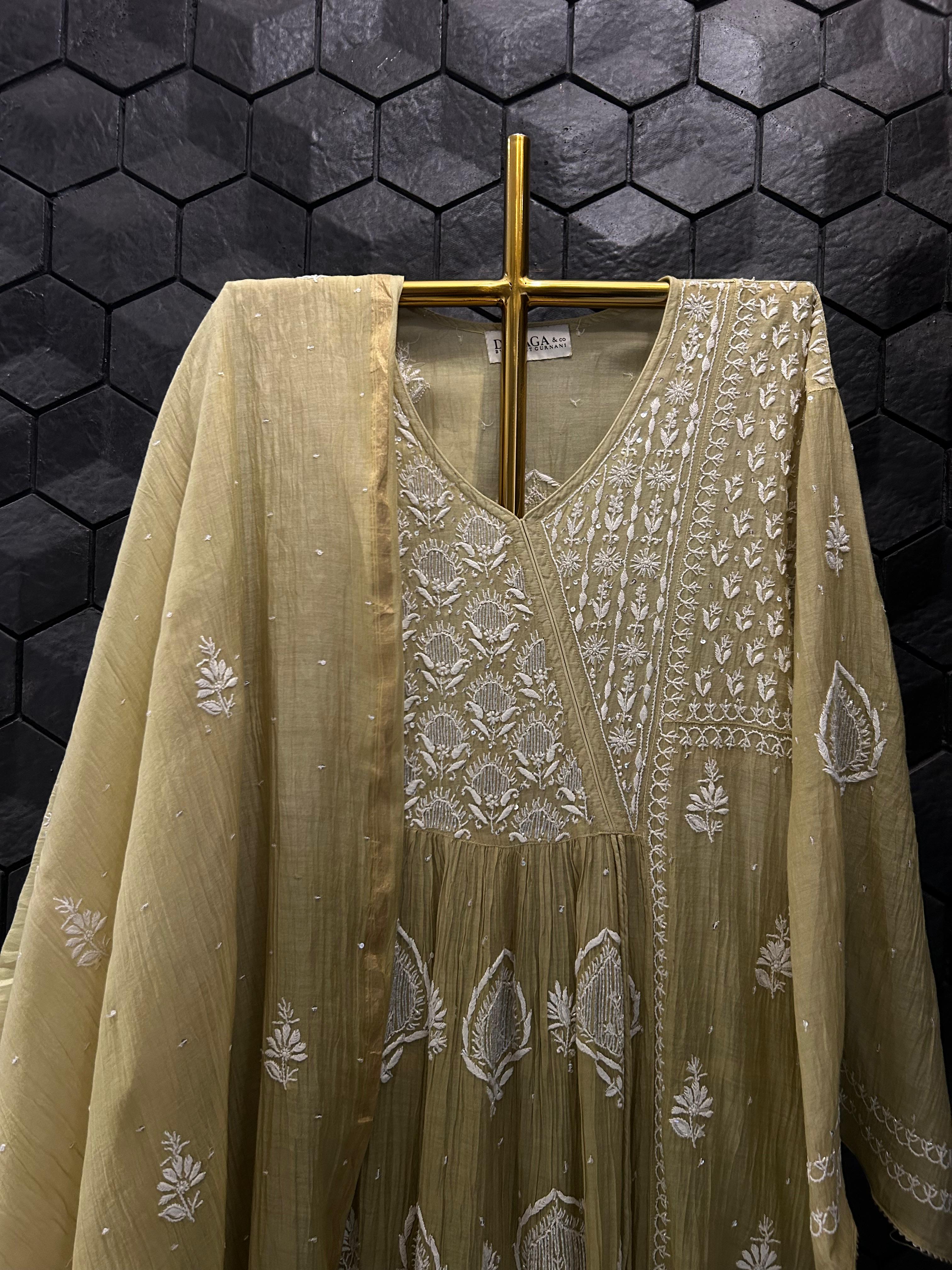 Pista Green Mul Chanderi Chikankari Angarkha kurta Set