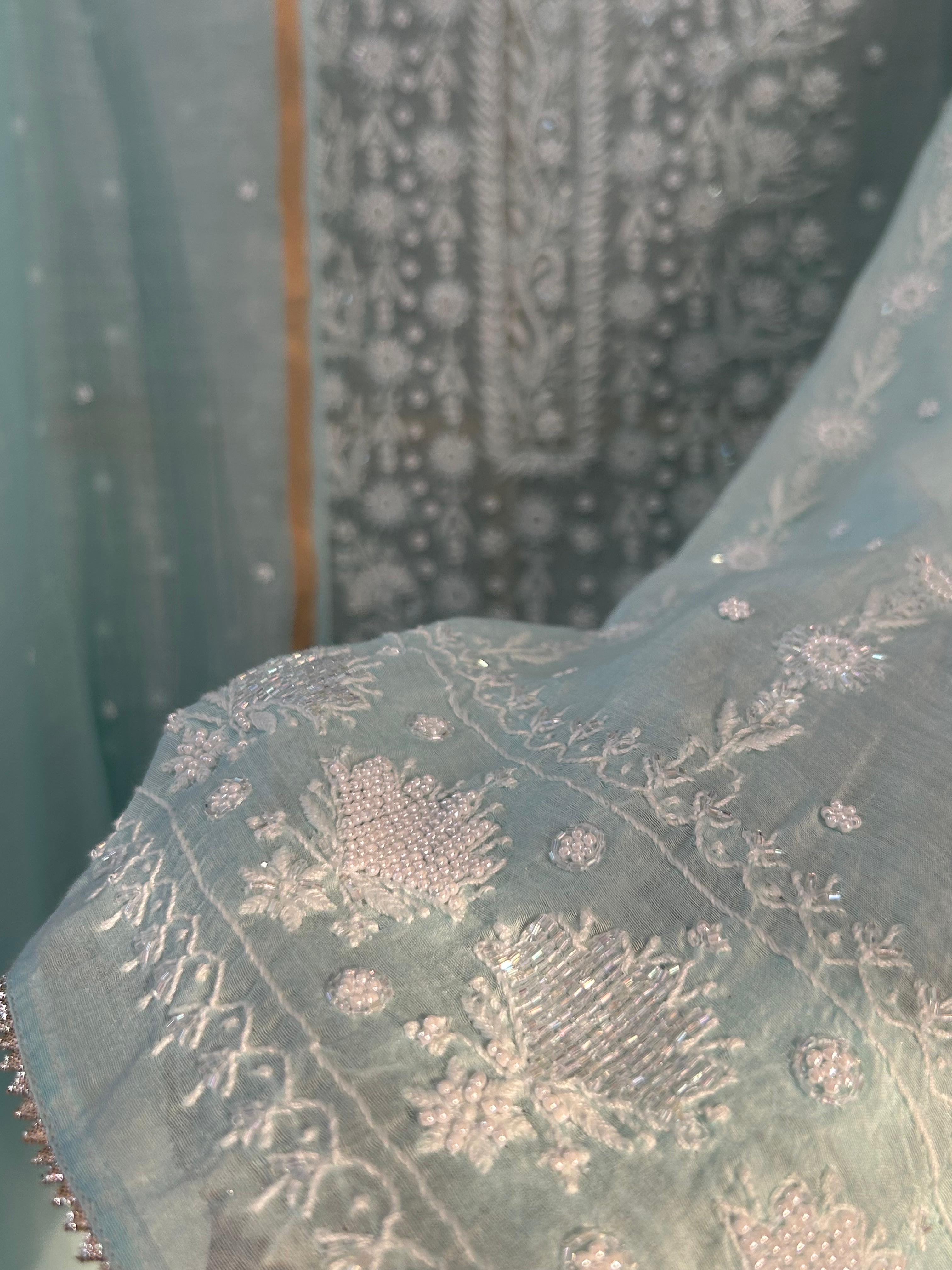 Sea Green Mul Chanderi Chikankari Kurta Set