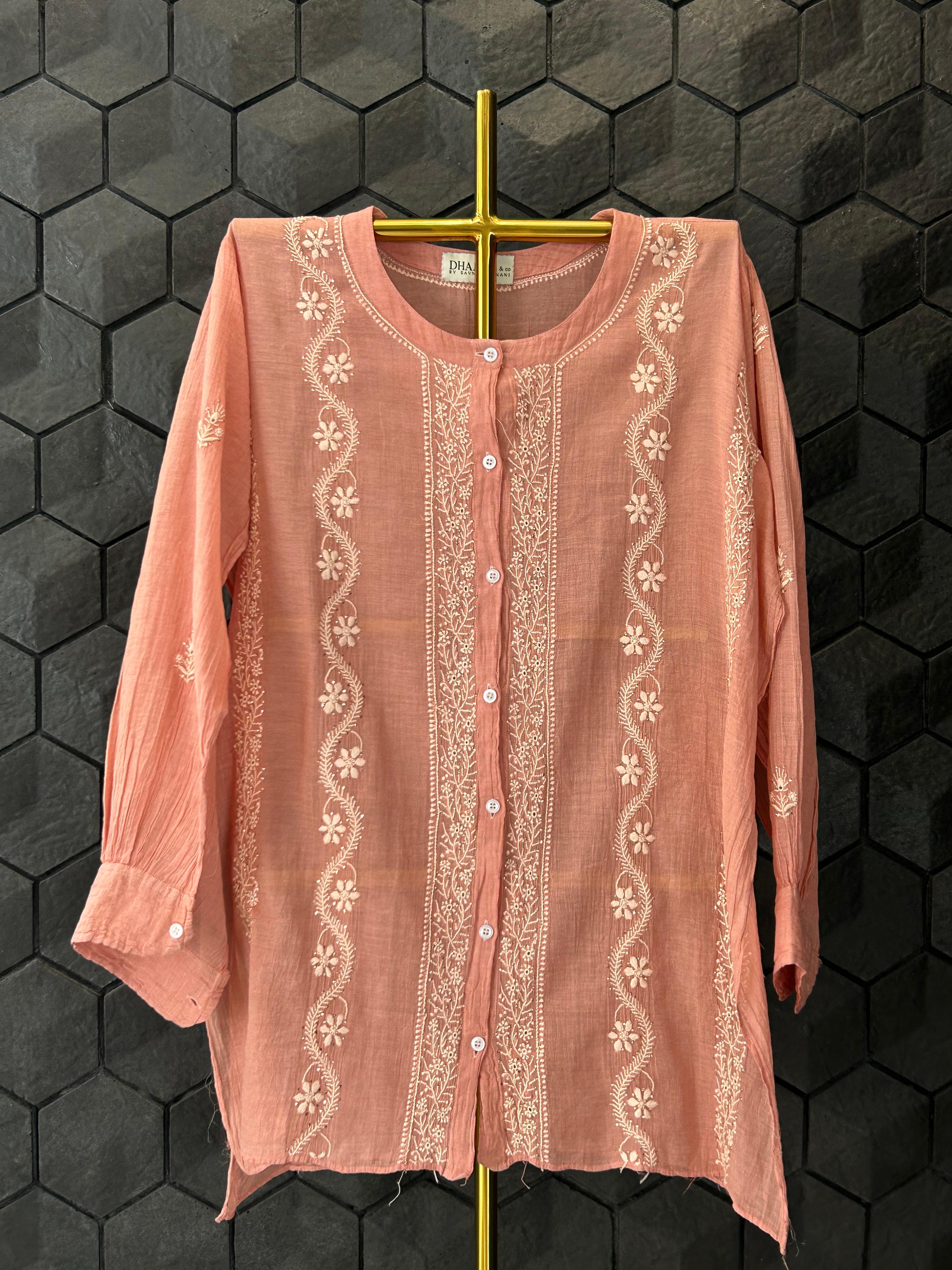 Peach Silver Tissue Chikankari Co-ord set