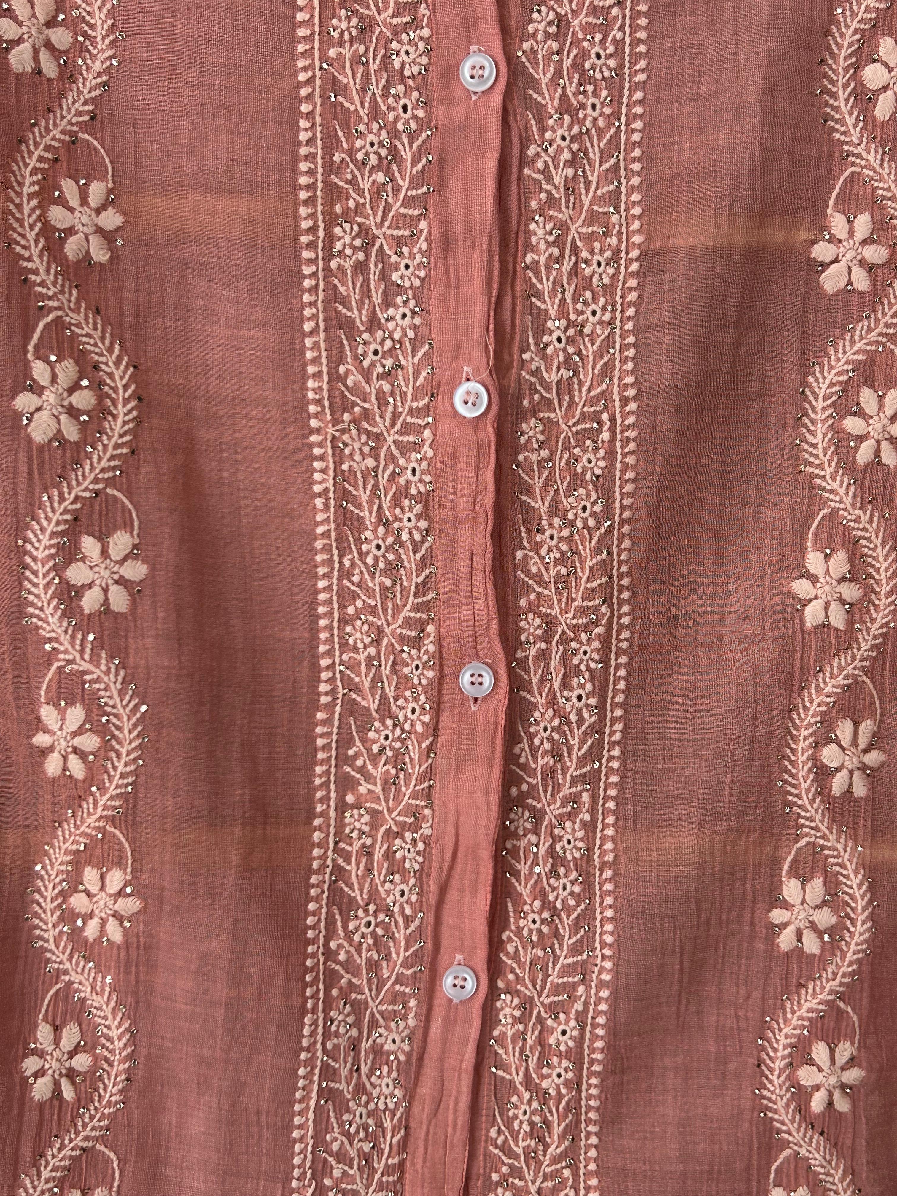 Peach Silver Tissue Chikankari Co-ord set