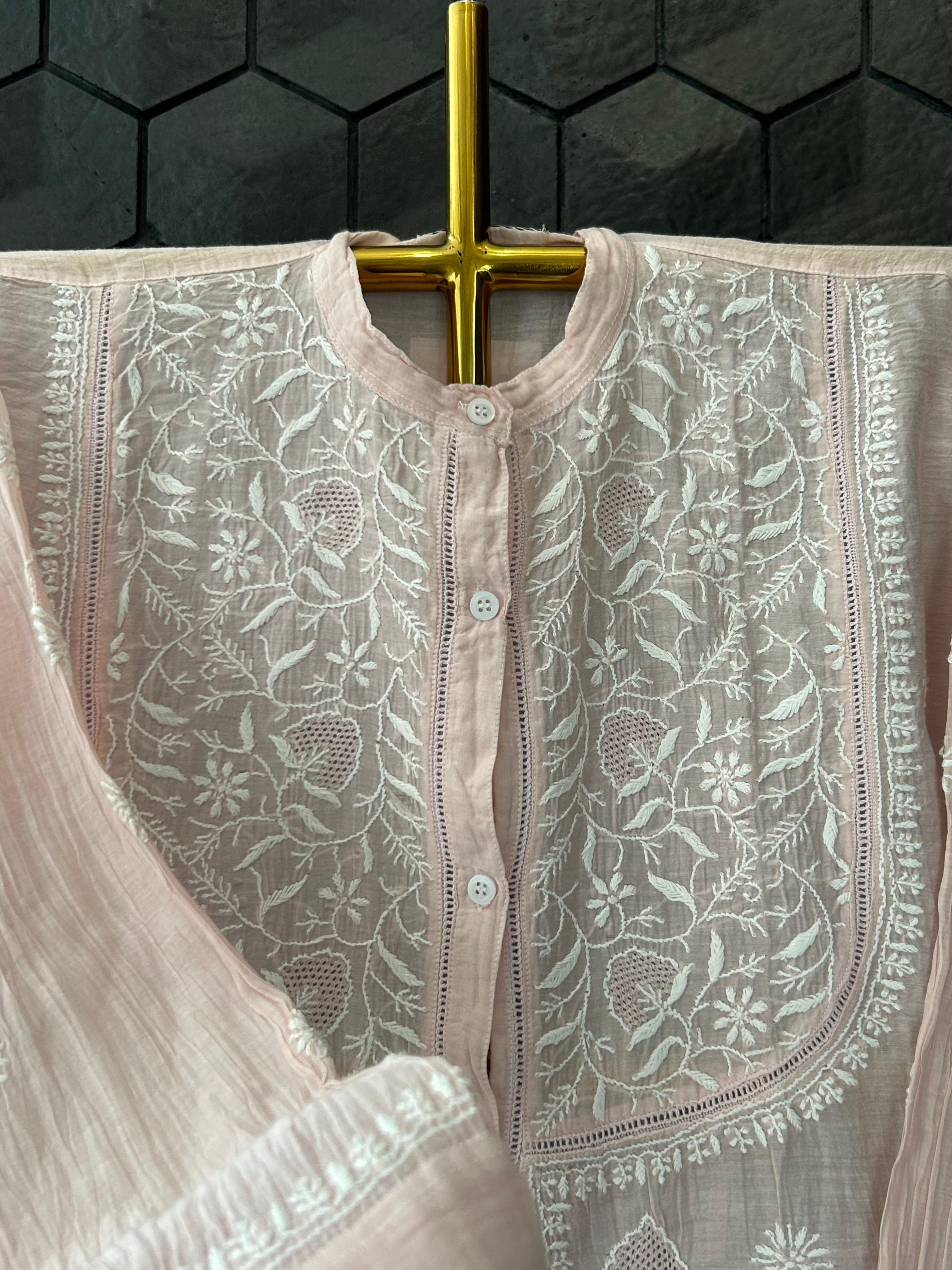 Pink Mul Chanderi Chikankari Co-ord set