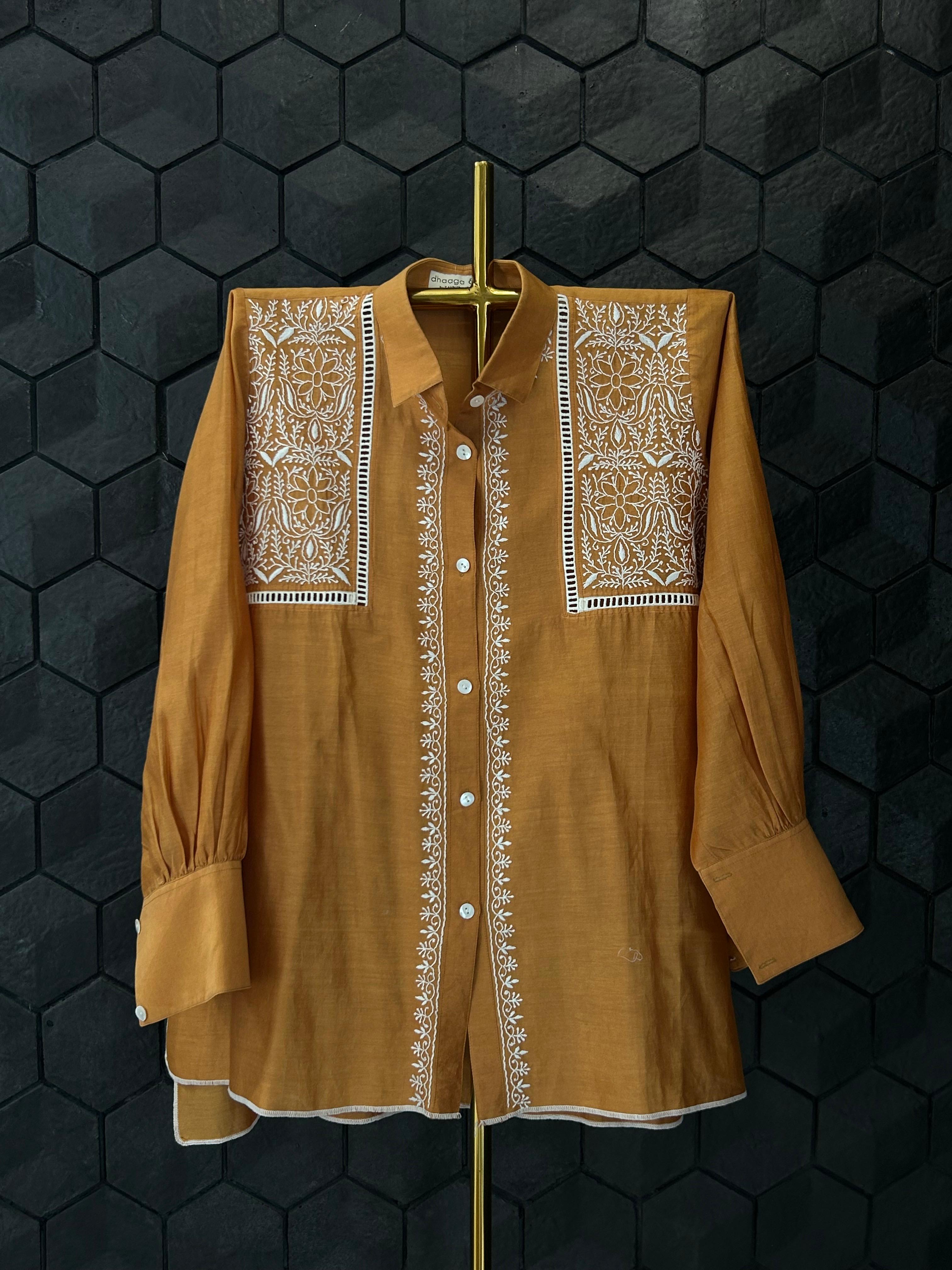 Mustard Chanderi Chikankari Shirt