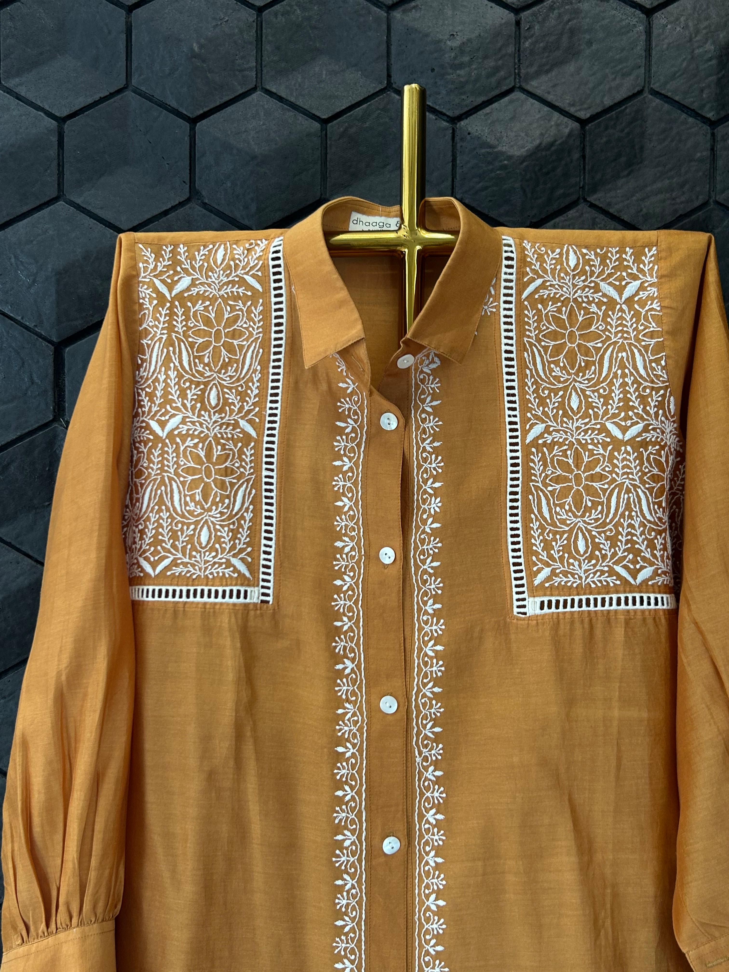 Mustard Chanderi Chikankari Shirt