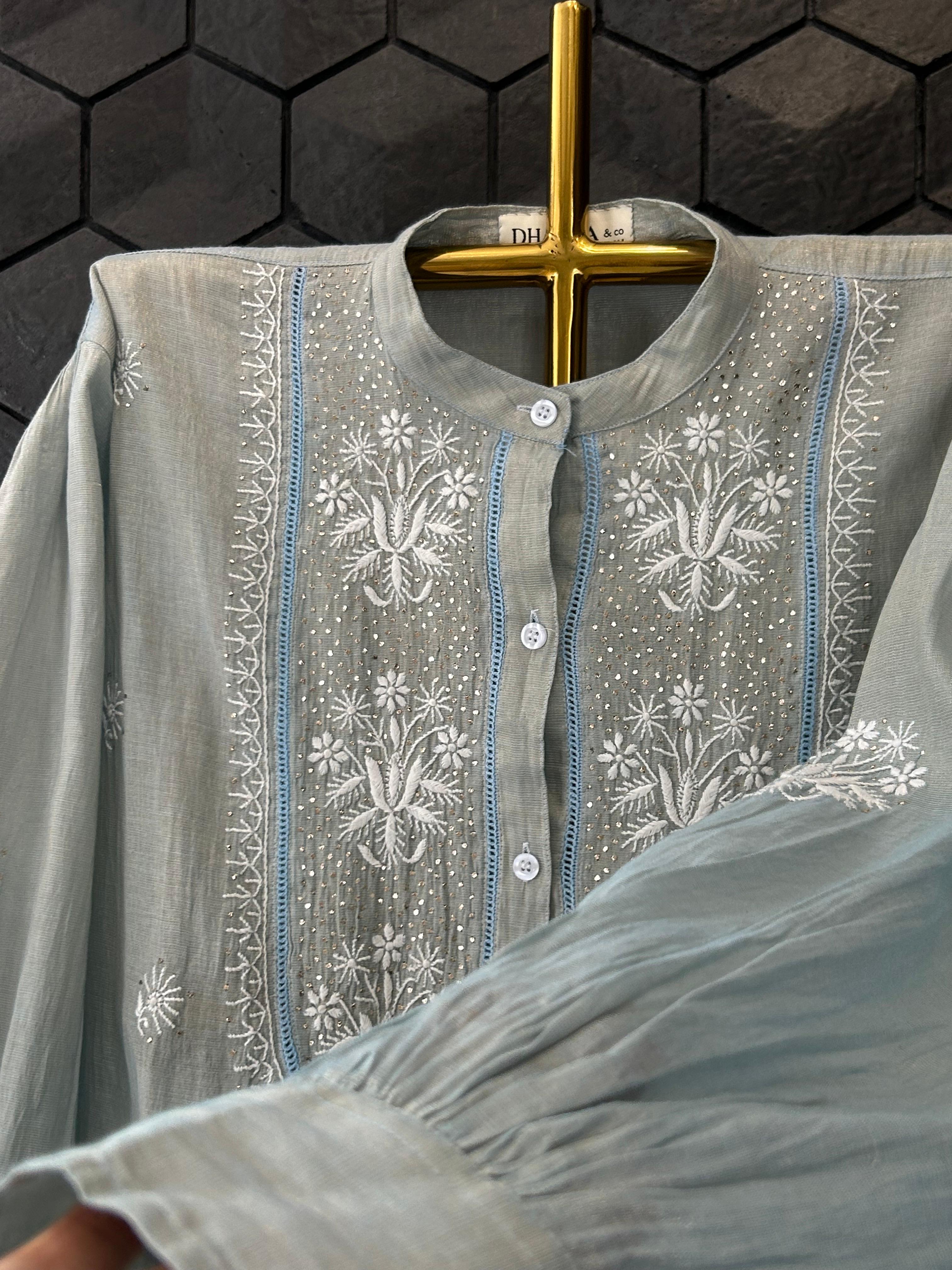 Sky Blue Tissue Chikankari Mukaish Shirt