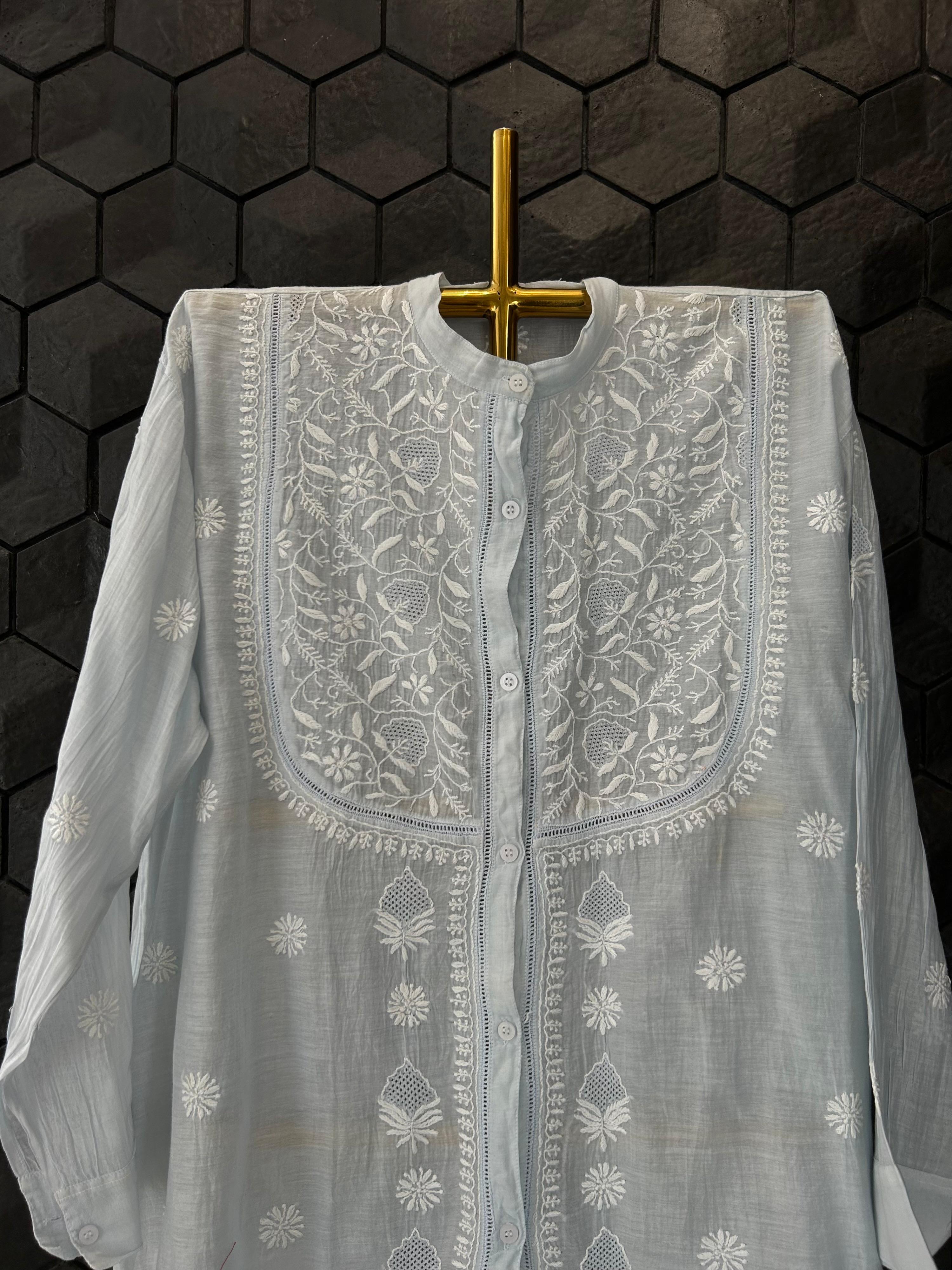 Sky Blue Mul Chanderi Chikankari Co-rd Set