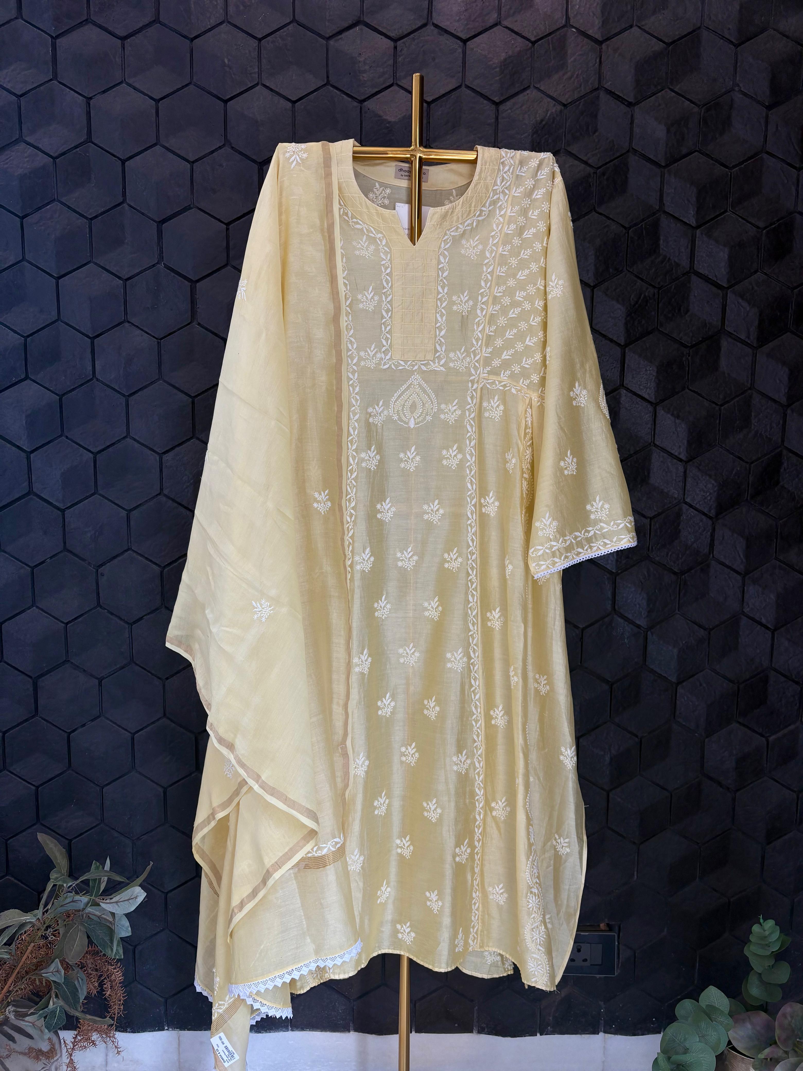 Light Yellow Chanderi Chikankari Kurta Set