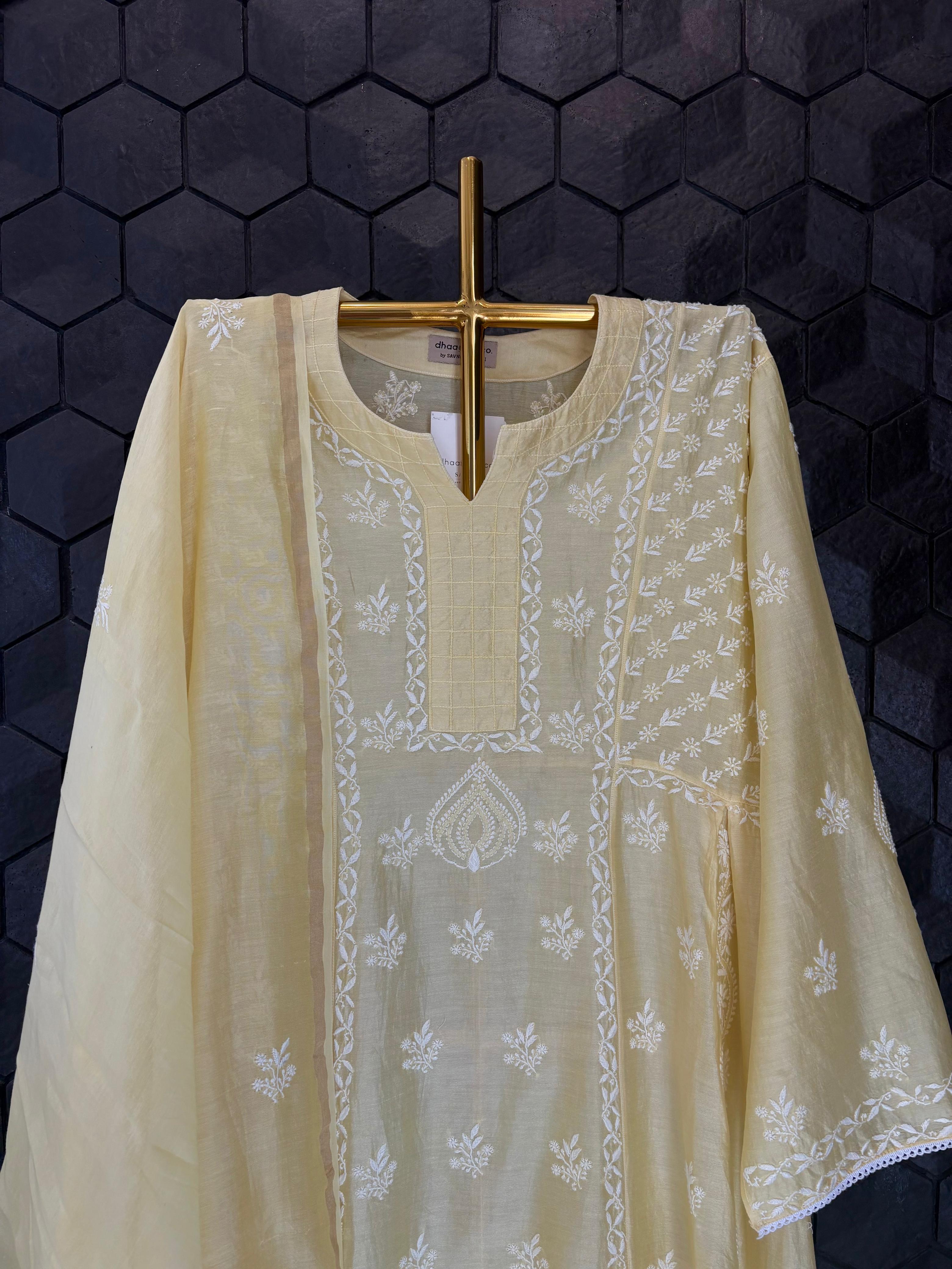 Light Yellow Chanderi Chikankari Kurta Set