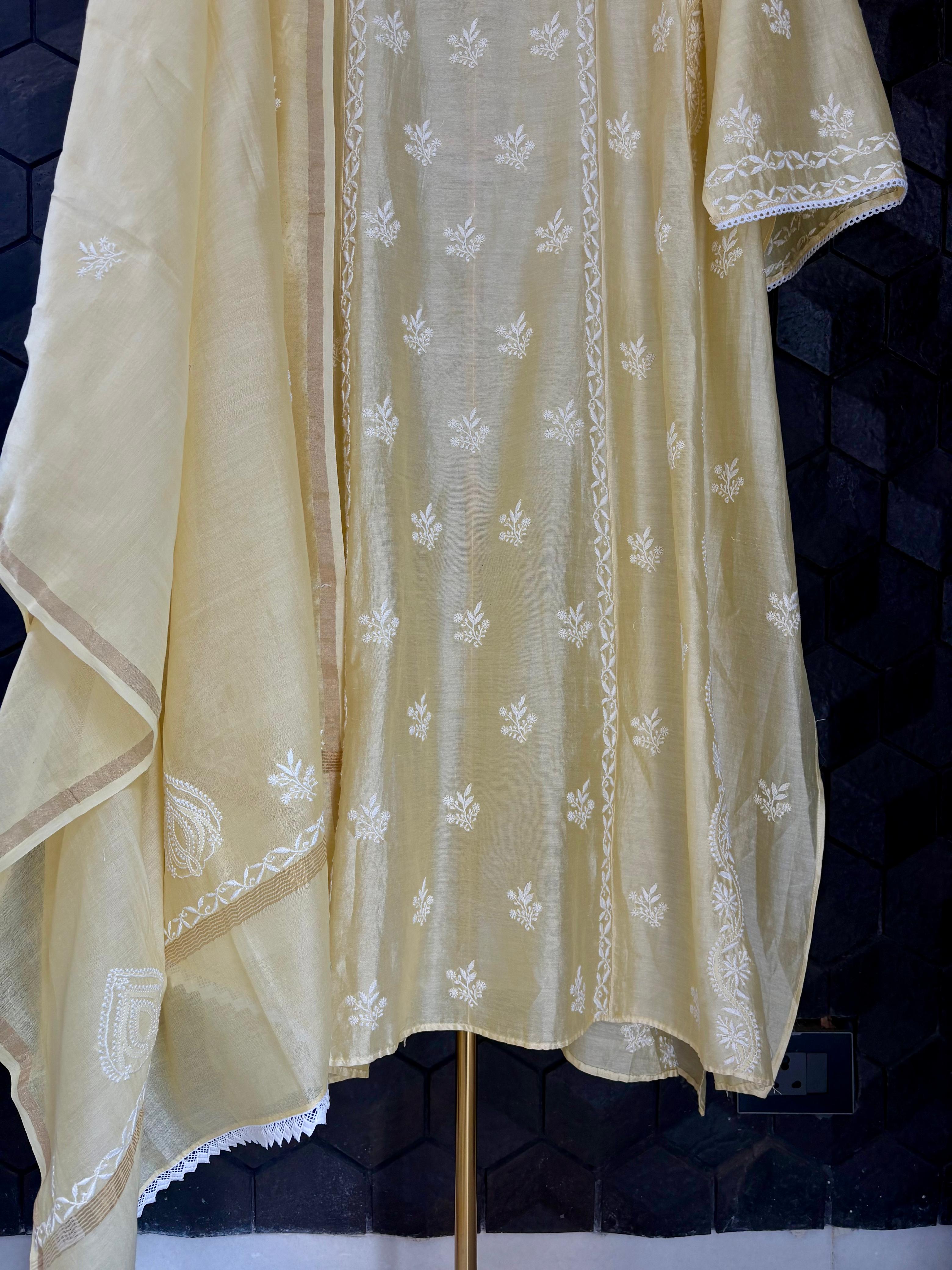 Light Yellow Chanderi Chikankari Kurta Set