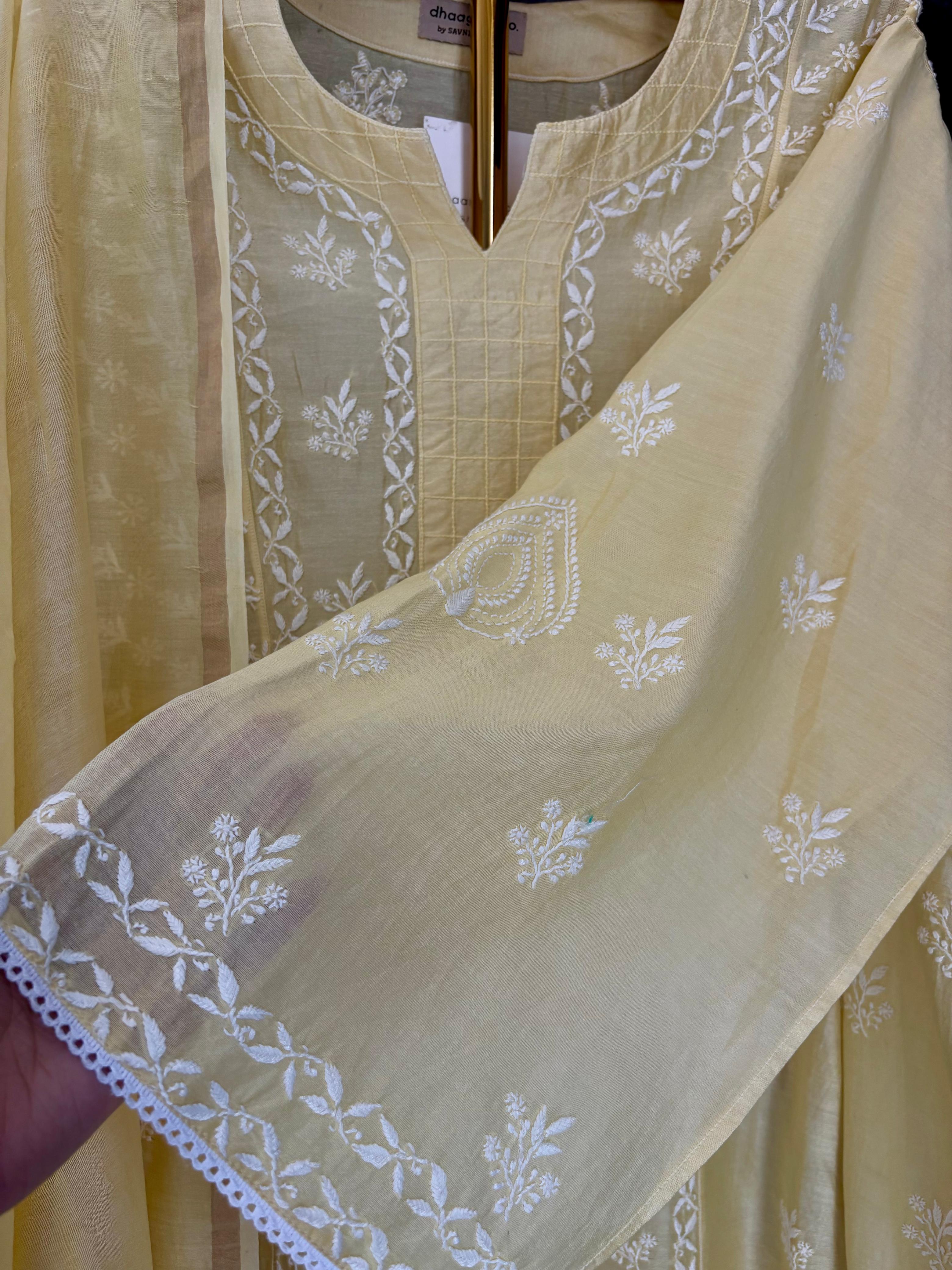 Light Yellow Chanderi Chikankari Kurta Set